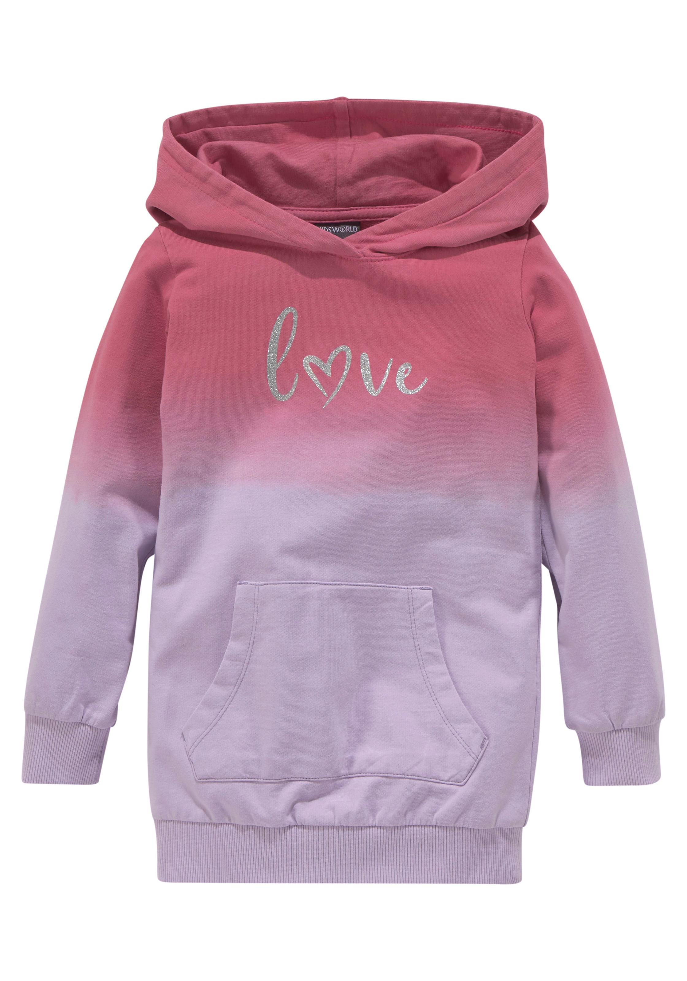KIDSWORLD Kapuzensweatshirt », Longsweatshirt mit LOVE print«, Langarm,  po-bedeckend,  mit Glitzerdruck,  aus Baumwolle
