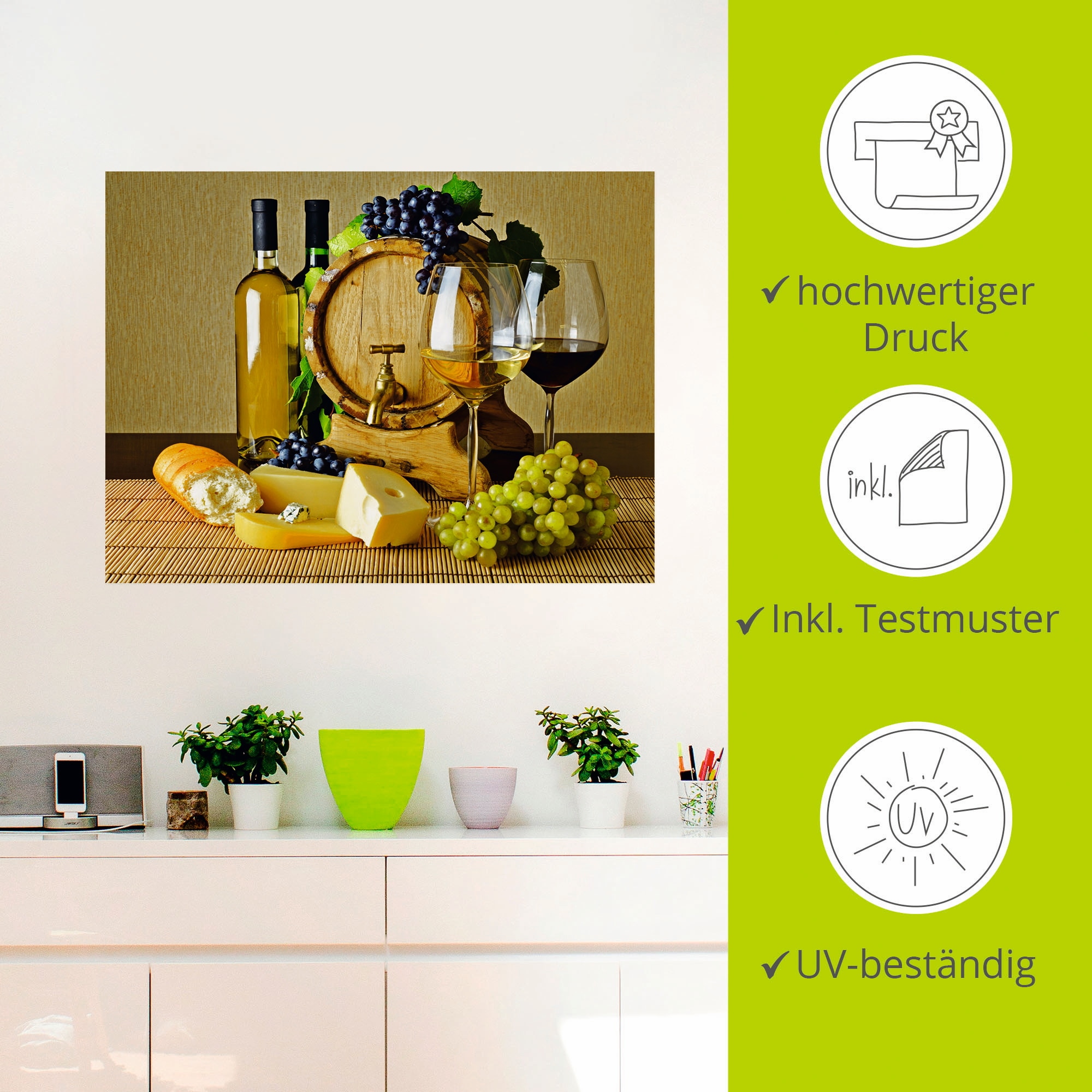Artland Wandbild »Käse, Wein und Trauben«, Lebensmittel, (1 St.), als Alubild, Leinwandbild, Wandaufkleber oder Poster in versch. Größen
