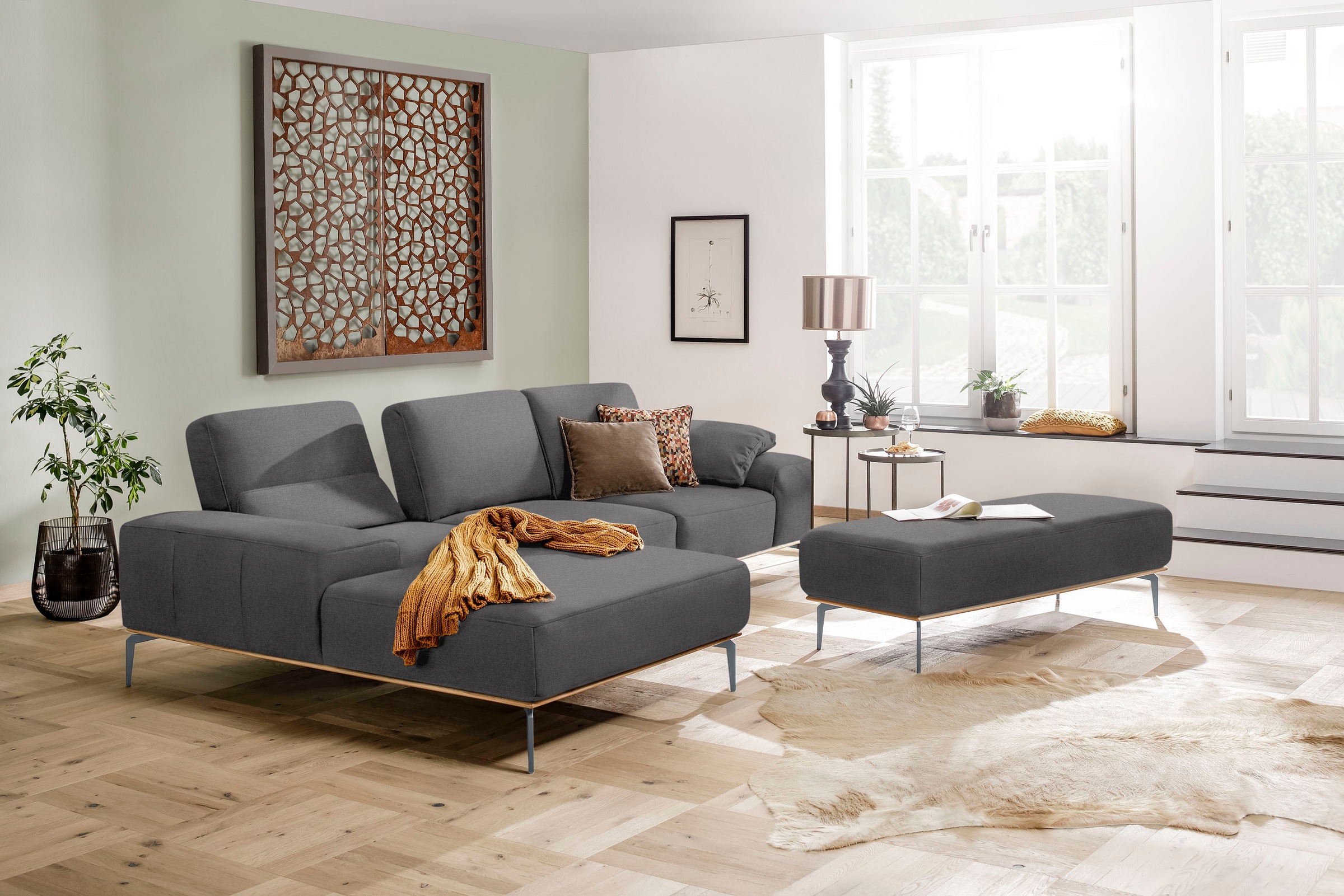 W.SCHILLIG Polsterhocker »run«, mit elegantem Holzsockel, Füße in Silber matt, Breite 150 cm