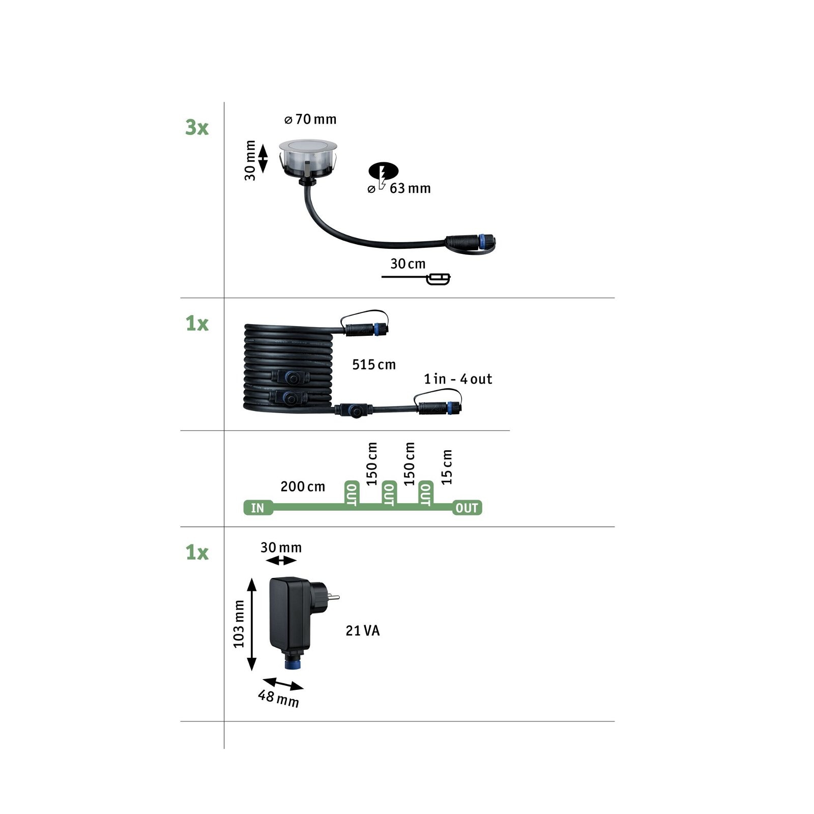 Paulmann LED Einbauleuchte »Plug & Shine Floor Basisset IP67 2200K 3x2W 21VA Silber«, 3 flammig, Bodeneinbauleuchte, Insektenfreundlich