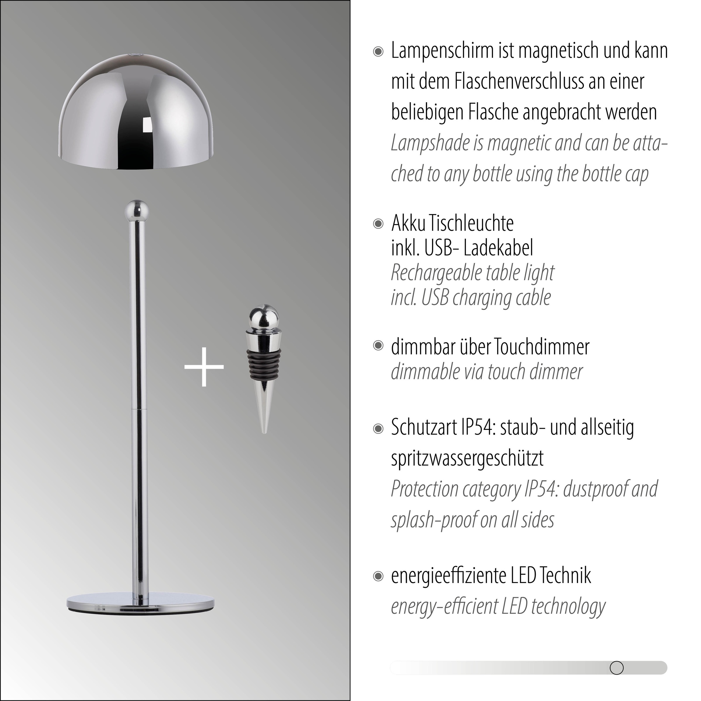 my home Tischleuchte »Akku Tischleuchte Hesper Indoor Outdoor, magnetischer Flaschenaufsatz«, 1 flammig, Leuchtmittel LED-Board | LED fest integriert, Pilzlampe Flaschenaufsatz, Regulierung der Lichtstärke, Pilz, Lampe