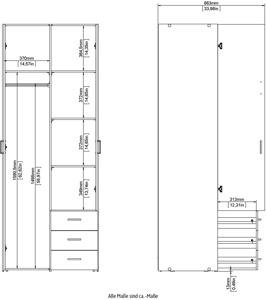 Home affaire Kleiderschrank, Mit viel Stauraum, graue Stangengriffe, Gr. ca. 200,4 x 77,6 x 49,5 cm