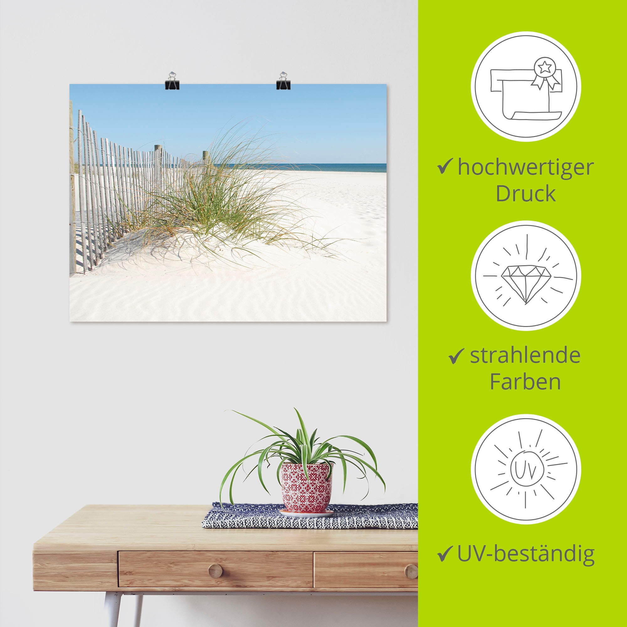 Artland Wandbild »Schöne Sanddüne mit Gräsern und Zaun«, Strand, (1 St.), als Leinwandbild, Poster in verschied. Größen
