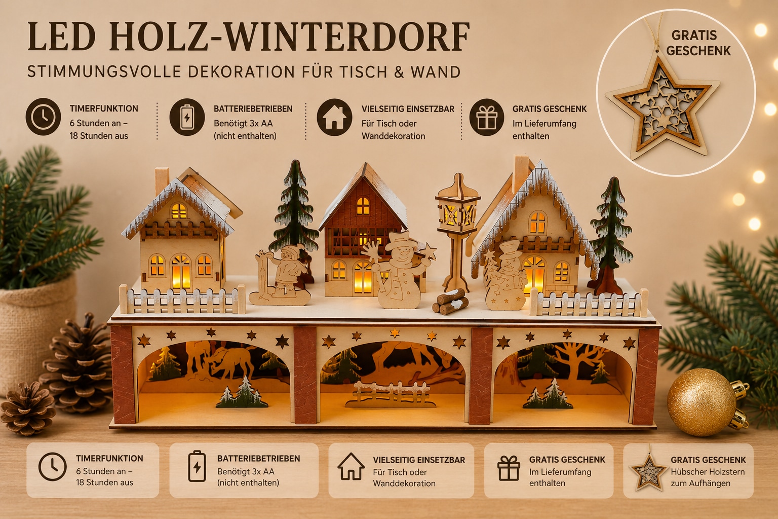 OTTO home LED Dekoobjekt »Weihnachtsdekoration aus Holz, 1 Stück« 1 Stk. Warmweiß mehrdimensionale Szenerie, Gratis-Hänger, 6h-Timer, Höhe 22 cm