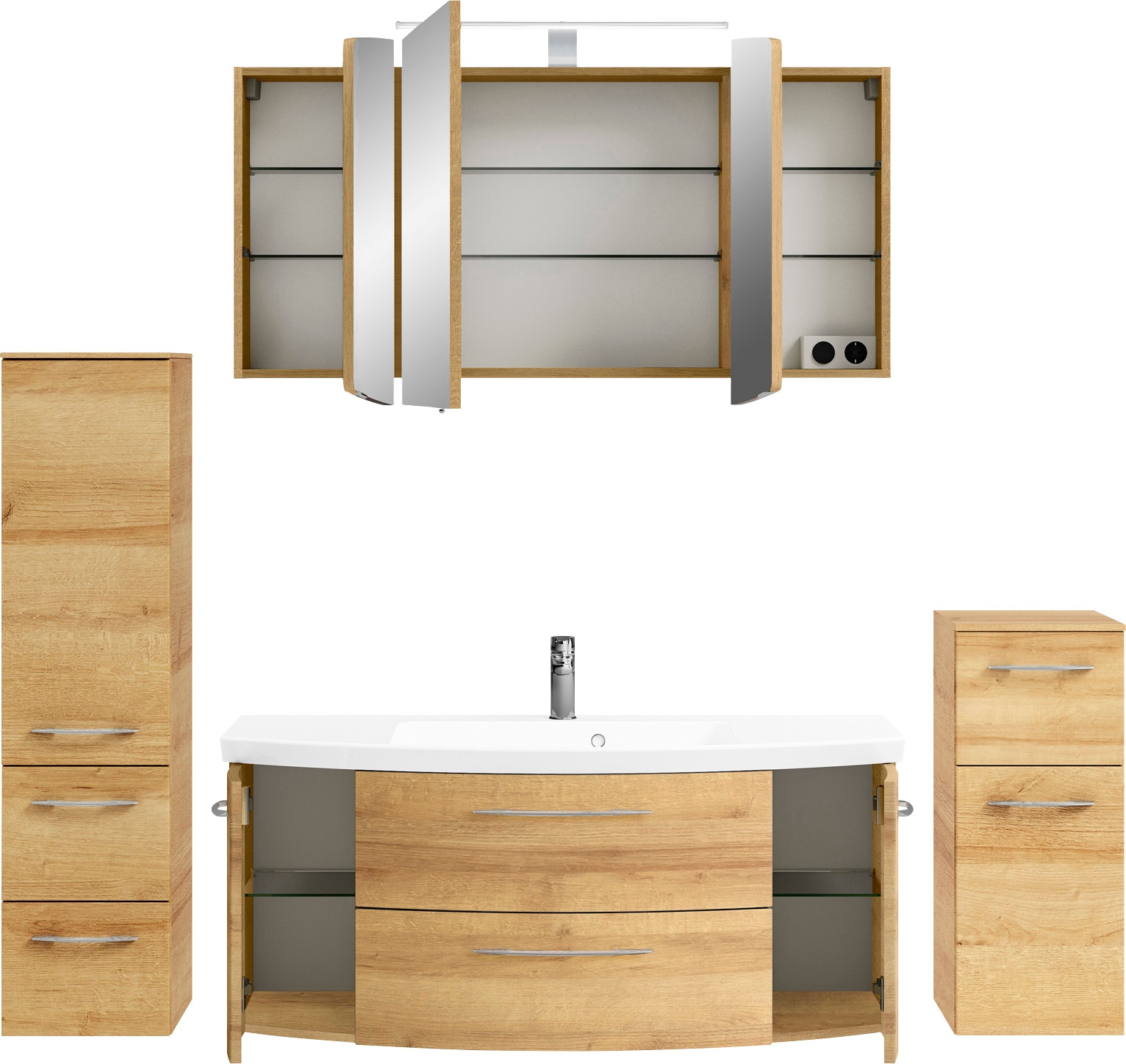 Saphir Badmöbel-Set »Cassca Sprint 4-teilig Mineralmarmor-Waschtisch mit LED-Spiegelschrank«, (5 St.), Midischrank, Unterschrank, inkl. Türdämpfer, 7 Türen, 5 Schubladen