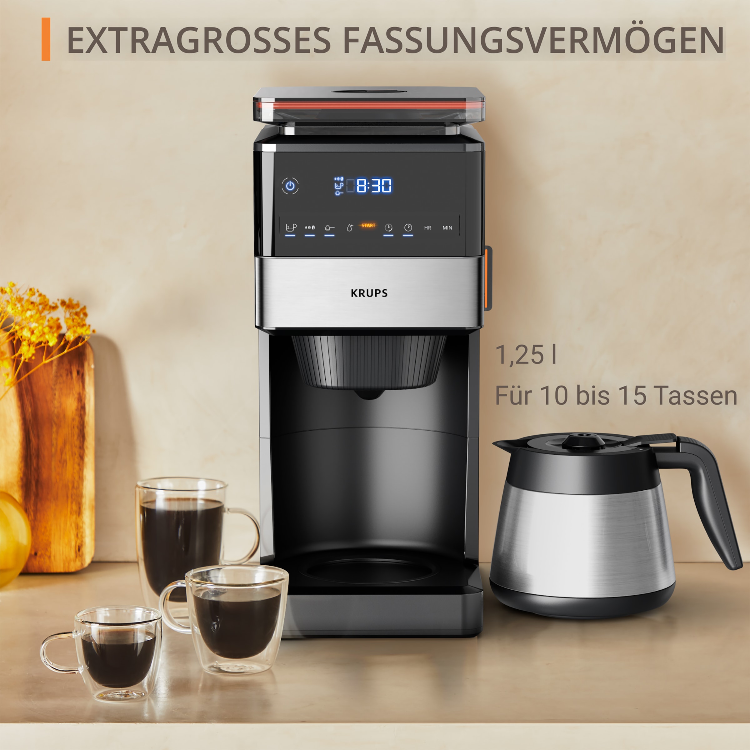 Krups Filterkaffeemaschine »KT8428 Grind Aroma XL«, 1,25 l Kaffeekanne, Papierfilter-Permanentfilter, 1x4, Kegelmahlwerk, digitales Bedienfeld, 1,25 l, 4h warm dank Isolierkanne