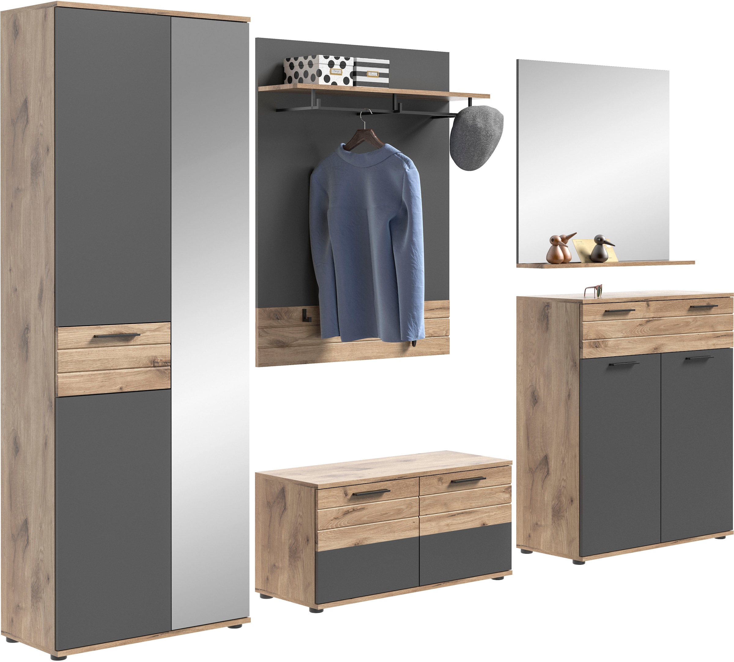 INOSIGN Garderoben-Set »Riga, Breite 280 cm, hochwertige Rillenfräsung, 5-teilig, best. aus:«, (Set, 5 St.), Garderobenschrank, Sitzbank, Paneel, Garderobenspiegel, Schuhkommode