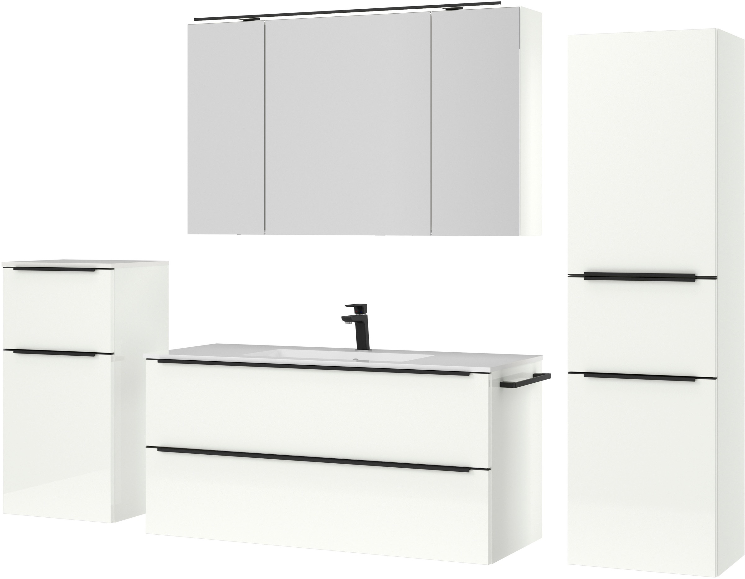 nobilia® Badmöbel-Set »Levere«, (4 St., vormontiert, mit Soft-Close), inkl. Spiegelschrank mit Beleuchtung und Dimmerfunktion, in 4 Breiten