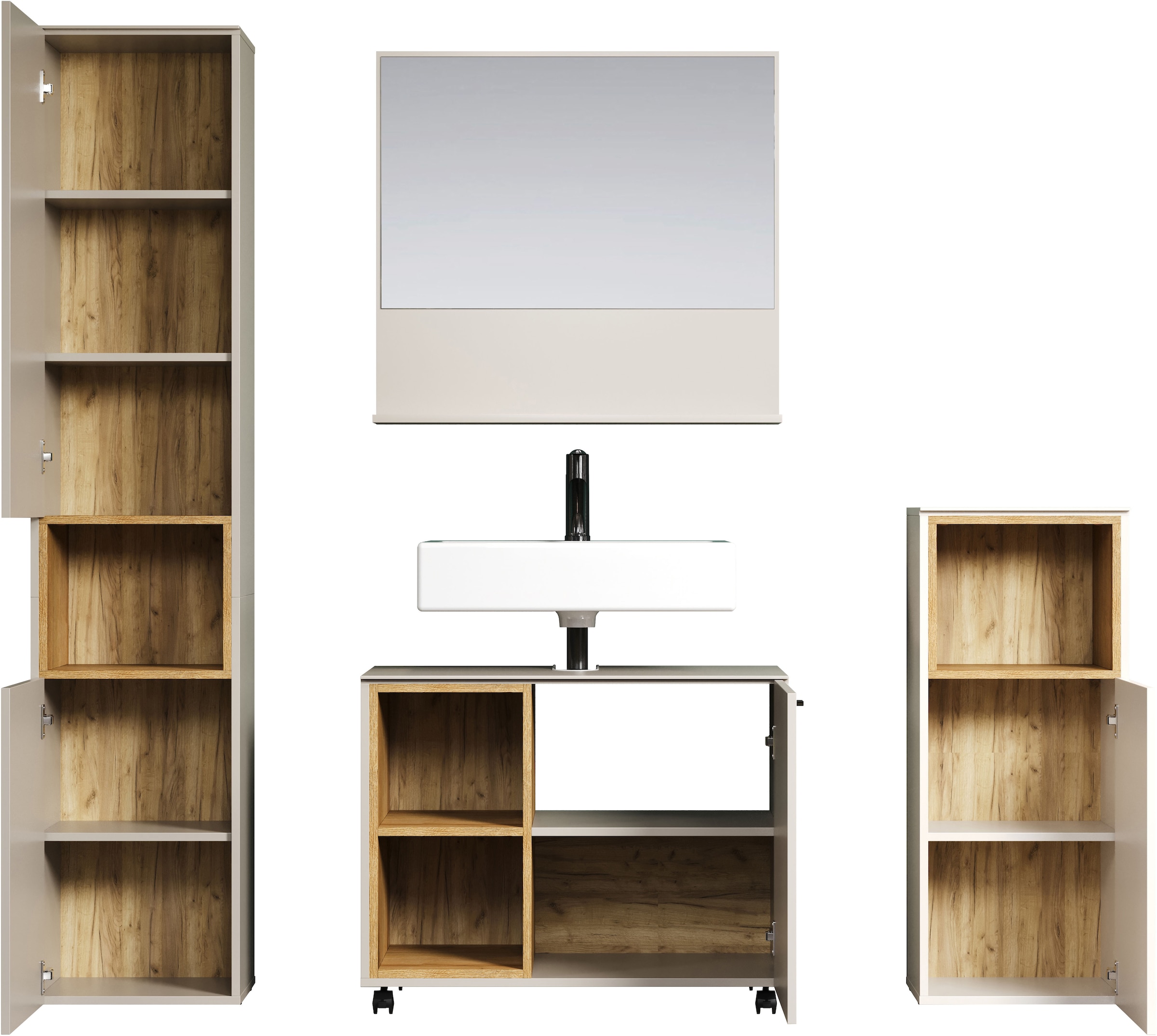 welltime Badmöbel-Set »San Pedro«, (Komplett-Set, 4 St.), Bestehend aus Hochschrank, Waschtisch, Wandspiegel und Unterschrank
