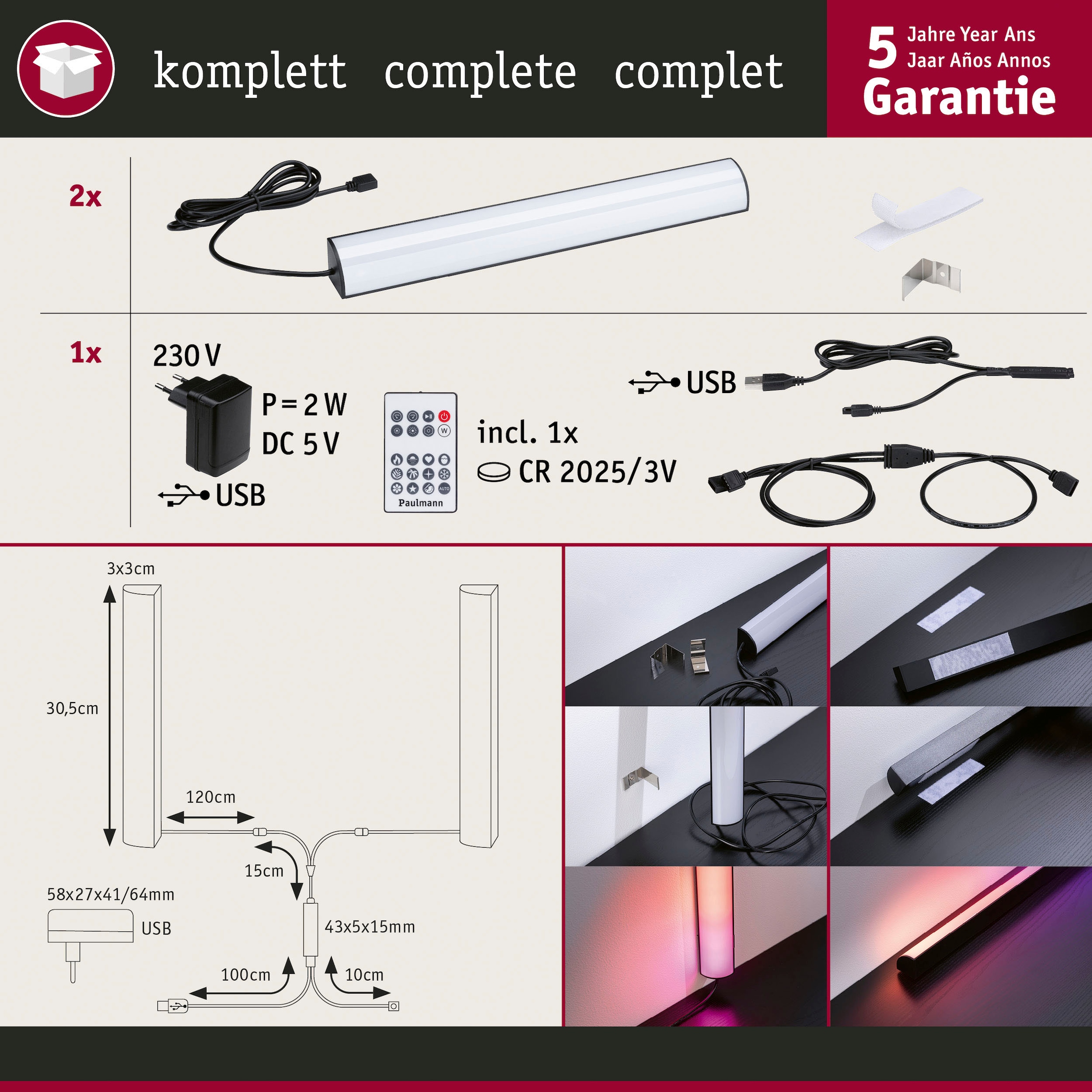 Paulmann LED-Streifen »EntertainLED Lightbar Dynamic Rainbow RGB 30x30mm 2x0,6W 2x24lm«, 2 St.-flammig