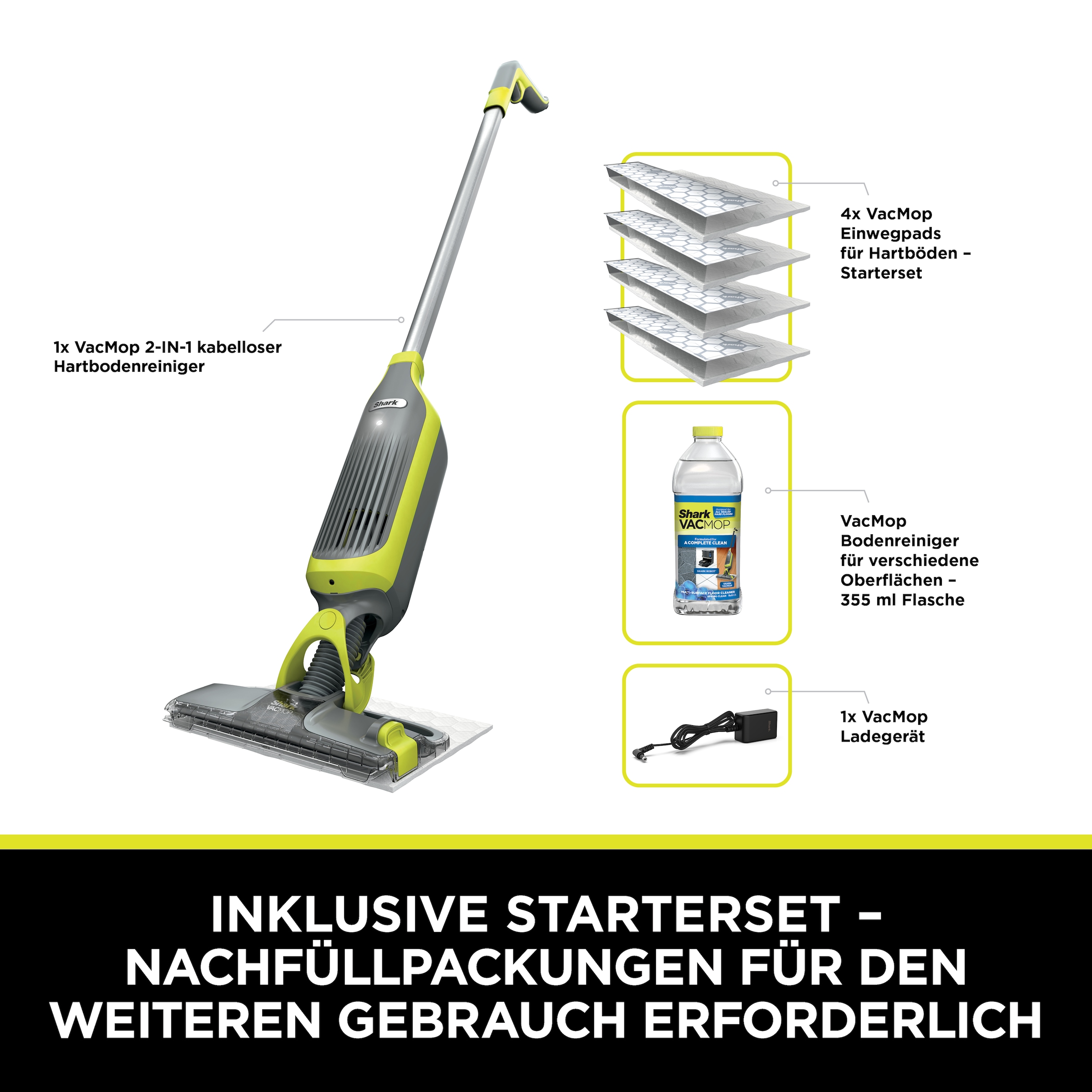 Shark Nass-Trocken-Akkusauger »Shark VacMop 2-in-1 kabelloser Staubsauger und Sprühmopp VM200EU« VOLLSTÄNDIGE REINIGUNG MIT EINEM EINZIGEN EINWEGPAD, kabellos, leicht