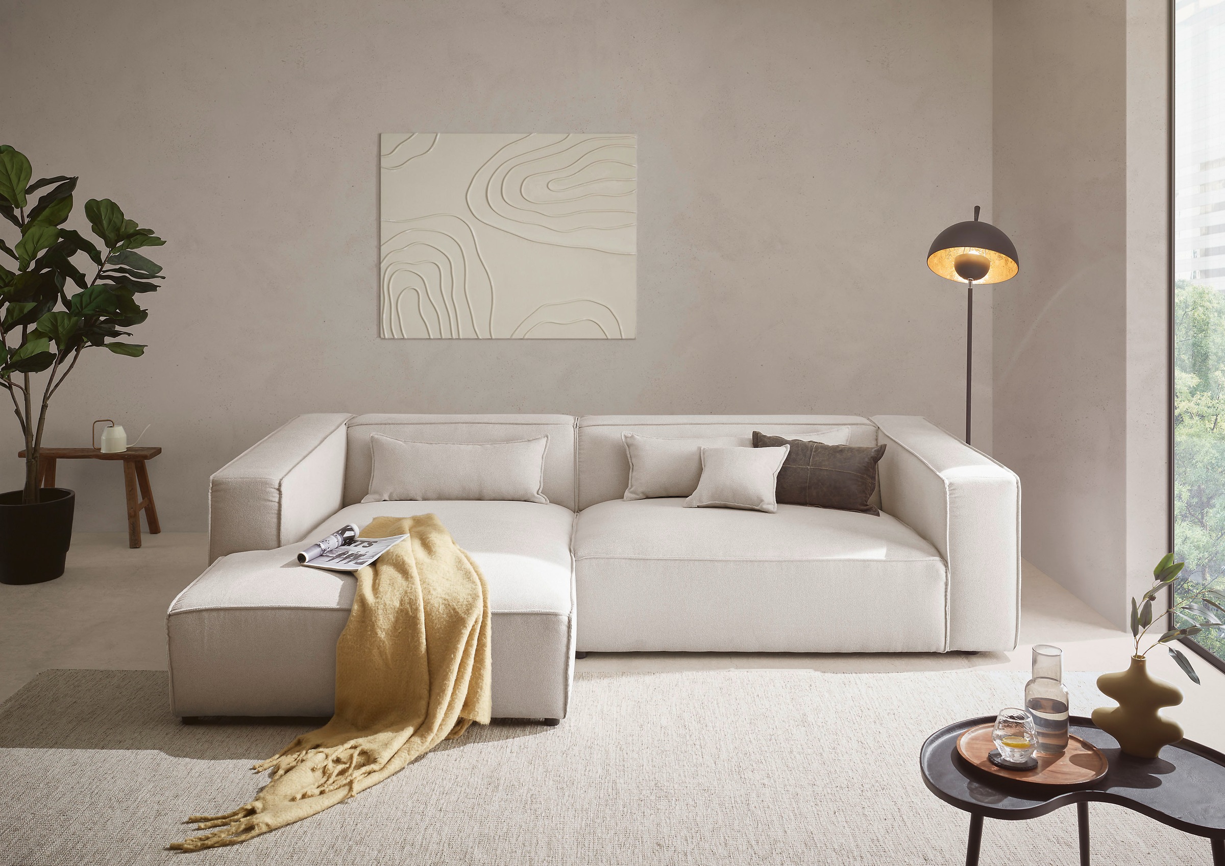 LeGer Home by Lena Gercke Ecksofa »PIARA XXL, Big-Sofa in Cord oder Leinenoptik, L-Form, mit Kedernaht«, wahlweise Ottomane rechts/links, schwarze Füße, extra tiefe Sitzfläche