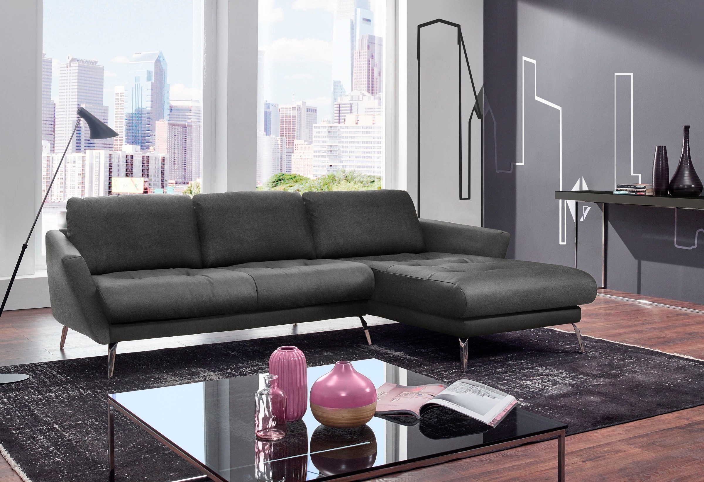 W.SCHILLIG Ecksofa »softy, Designsofa, zeitlos und elegant, hoher Sitzkomfort, L-Form«, mit dekorativer Heftung im Sitz, Füße Chrom glänzend