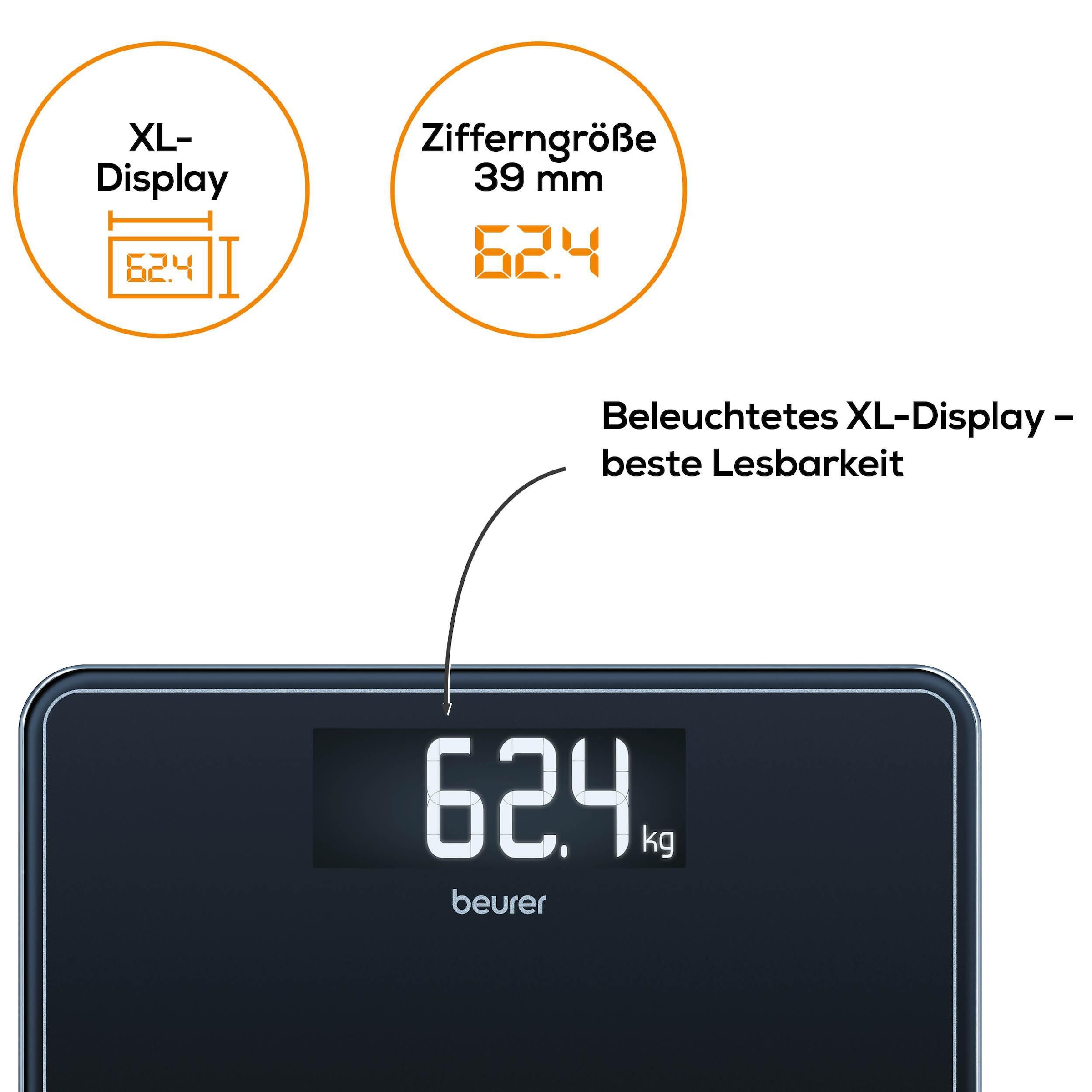 BEURER Personenwaage »GS 400, große Trittfläche mit 8 mm weißem Sicherheitsglas«, XL-Display, Tragkraft bis 200 kg und praktische Einschaltautomatik