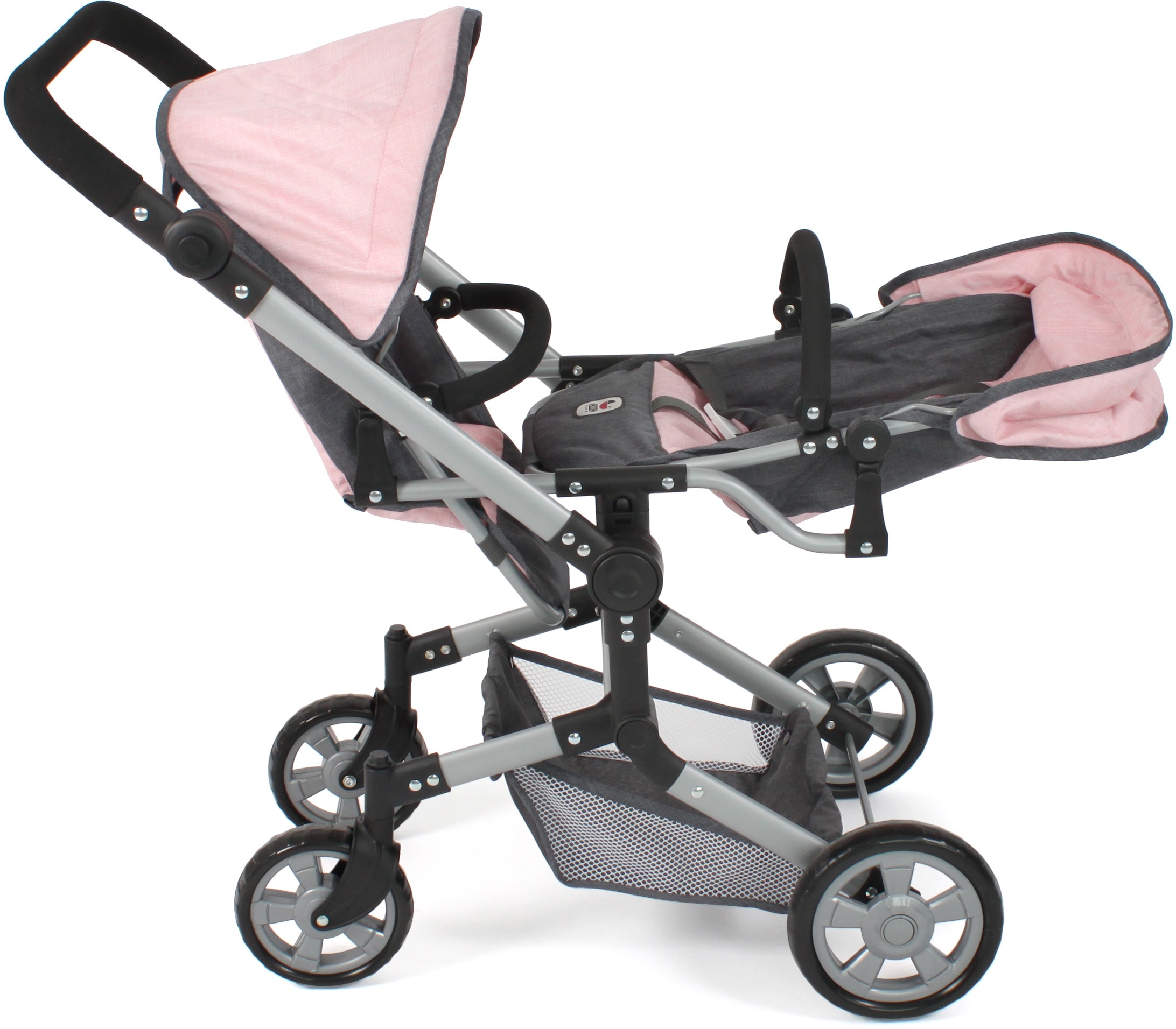 CHIC2000 Puppen-Zwillingsbuggy »Linus Duo, Grau-Rosa«, mit zwei abnehmbaren, bis in Liegeposition verstellbaren Sportsitzen
