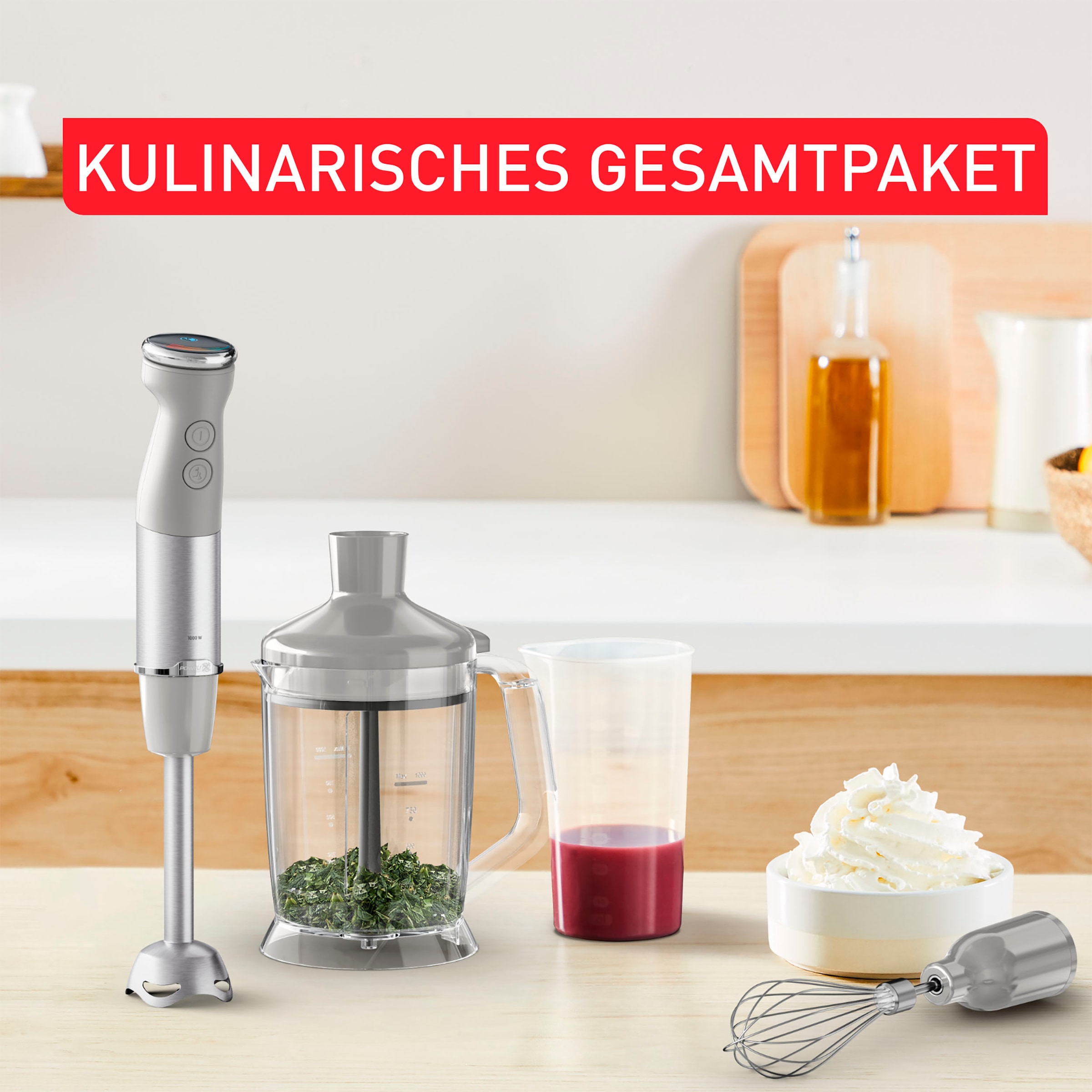 Tefal Stabmixer »HB67MB Quickchef+ 3-in-1 XL«, 1000 W, Zerkleinerer/Schneebesen, 5-in-1-Aufsatz, Silence-Modus