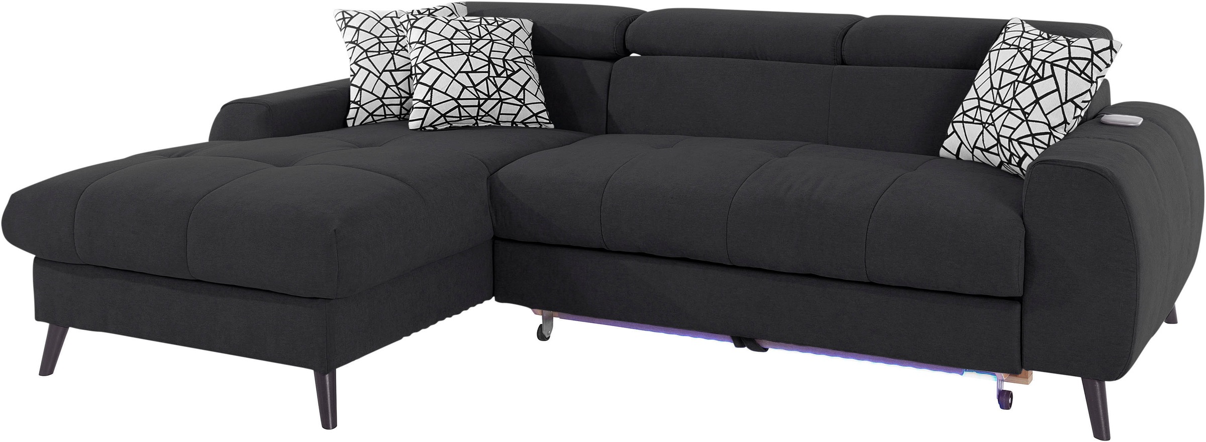 COTTA Ecksofa »Mia L-Form mit 3 Zierkissen«, wahlweise mit Bettfunktion, Bettkasten, Beleuchtung & Wireless-Charger
