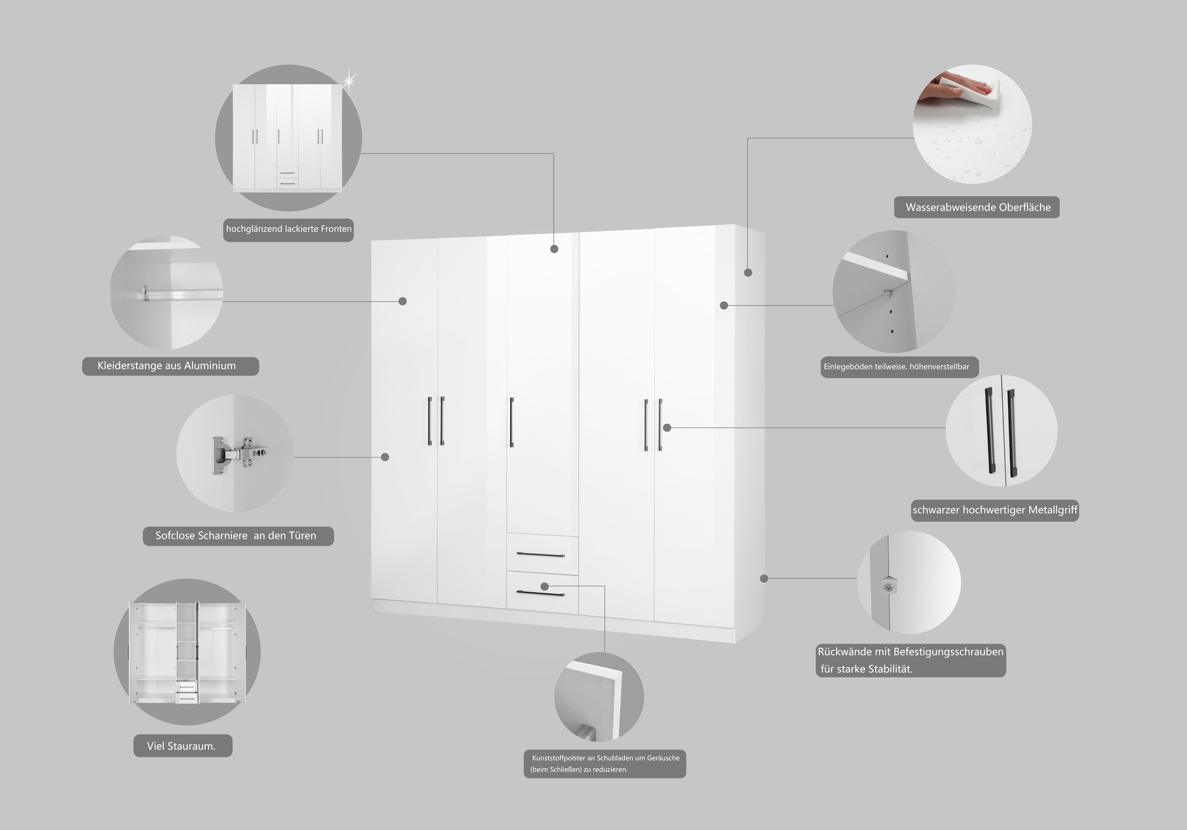 INOSIGN Kleiderschrank »Sylt Schlafzimmerschrank Garderobe Schrank Bestseller hochglanz«, Drehtürenschrank mit perfekter Innenausstattung, Breite 200cm