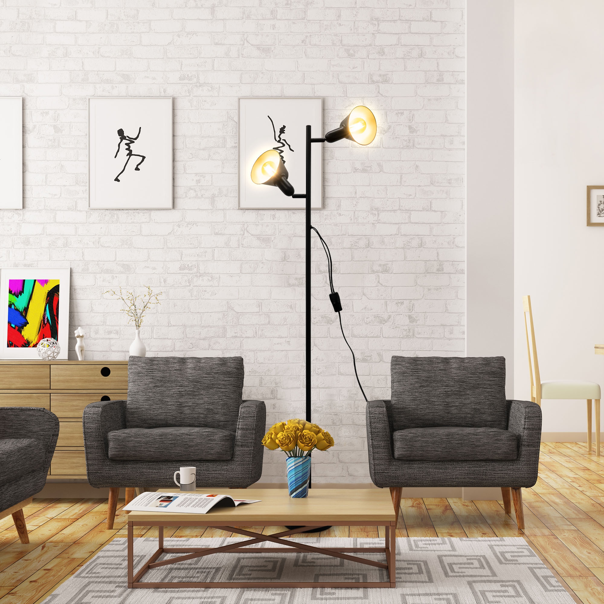 B.K.Licht Stehlampe »Design-Stehlampe, inkl. Doppel-Kippschalter«, 2 flammig, Leuchtmittel E27 | ohne Leuchtmittel, Schwarz, Metall, 2x E27-Fassung, H: 142,5cm