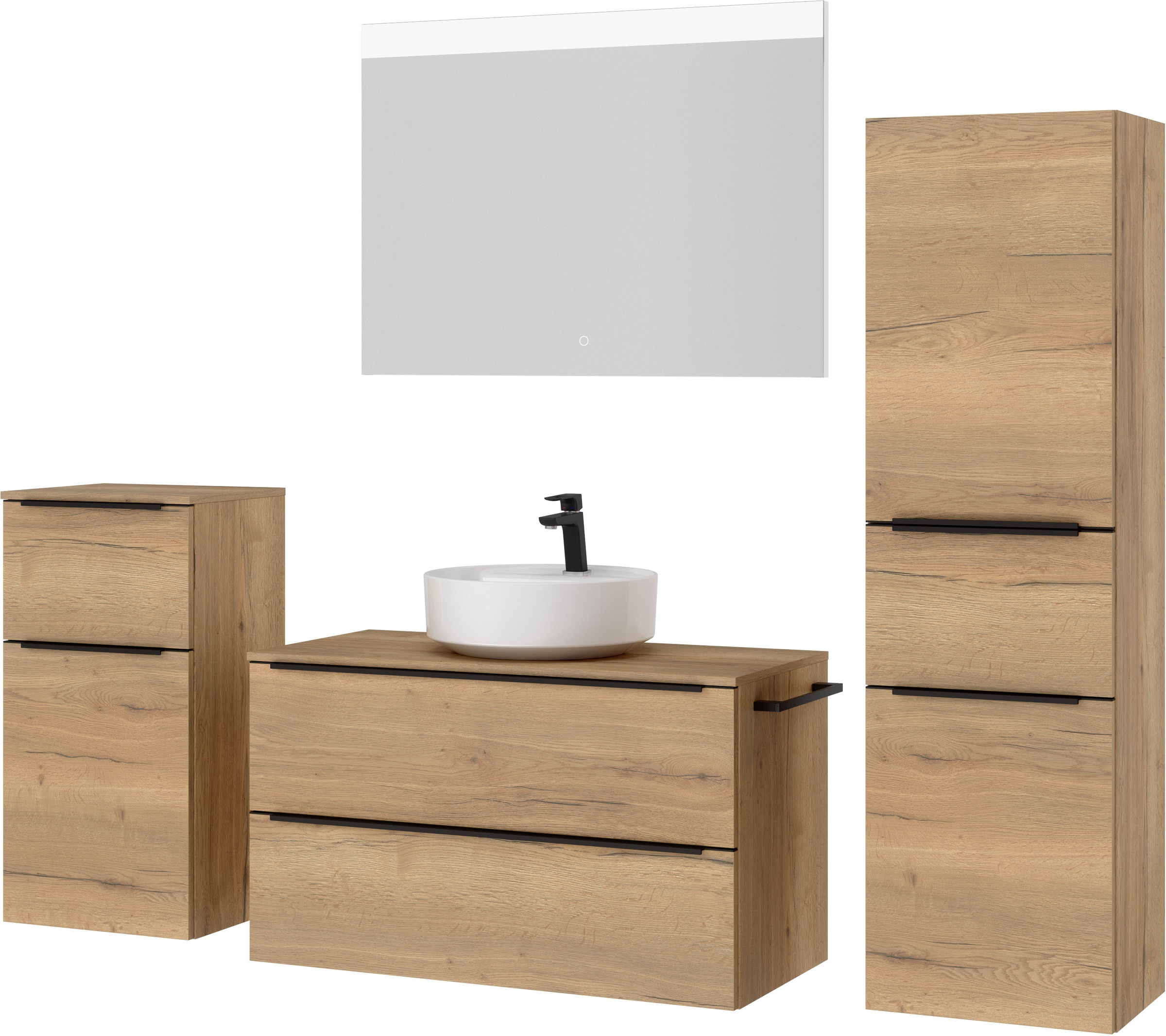 nobilia® Badmöbel-Set »Alvene«, (4 St., vormontiert, mit Soft-Close), inkl. Spiegel mit Touch-Sensor, in vier Breiten