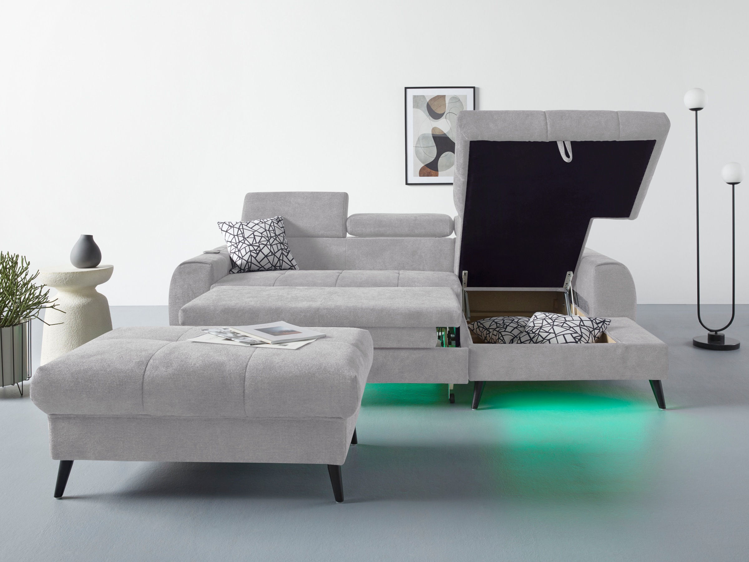 COTTA Ecksofa »Mia L-Form mit 3 Zierkissen«, wahlweise mit Bettfunktion, Bettkasten, Beleuchtung & Wireless-Charger