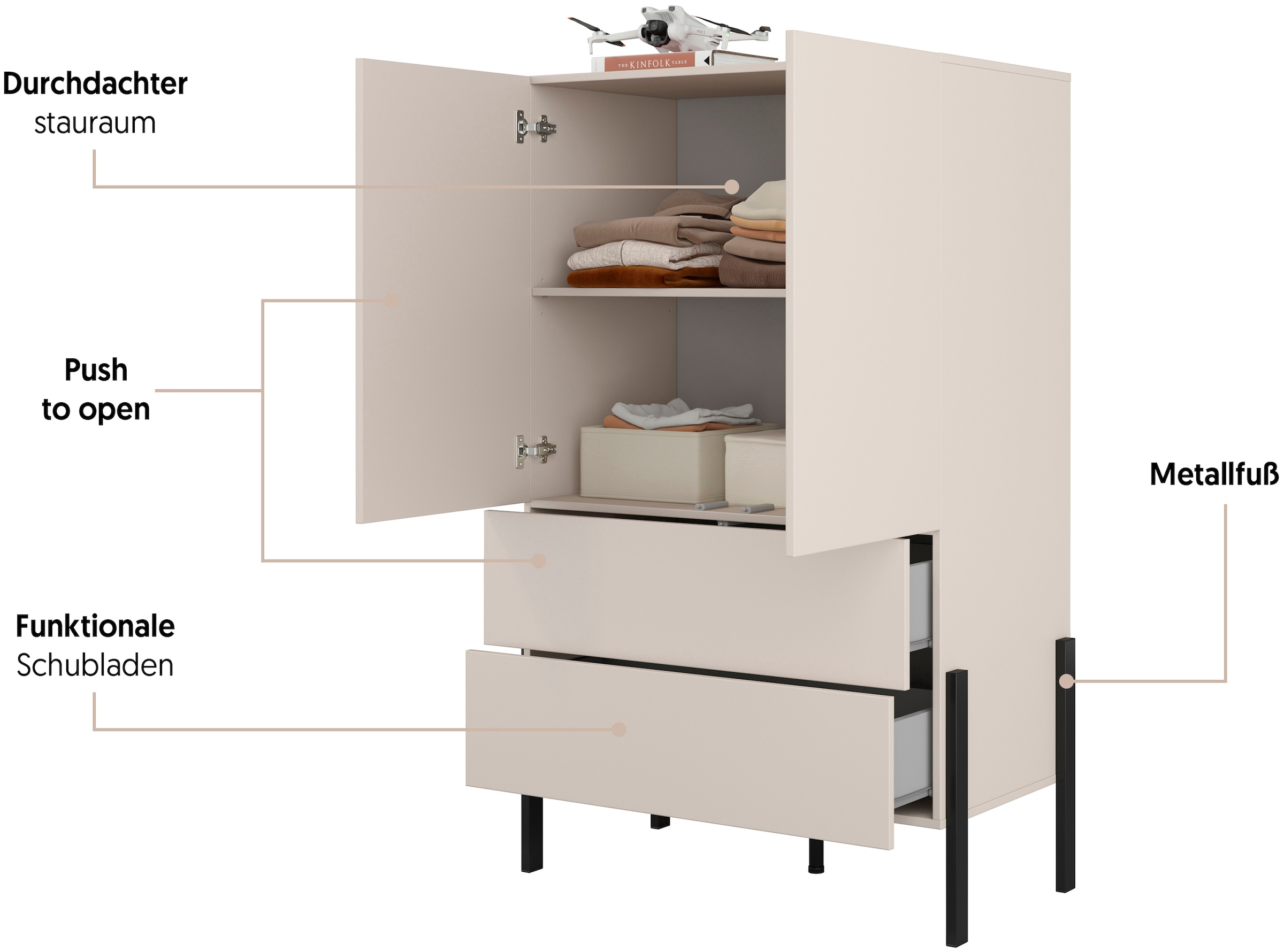 INOSIGN Wäscheschrank »Jukon, moderner griffloser Kleiderschrank, Metallfüsse, Made in Europe«, (90x150x50, ideal für kleine Räume oder Nischen), Mehrzweckschrank,2 Schubladen, 2 Türen, FSC-zertifiziert