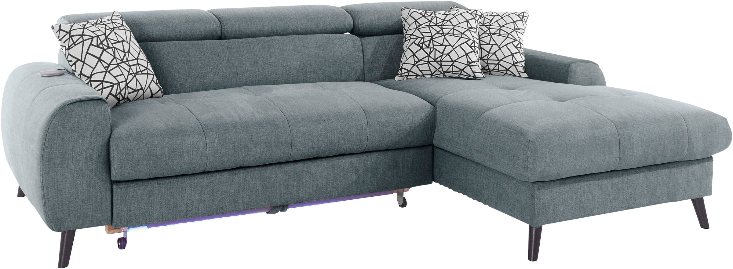COTTA Ecksofa »Mia L-Form mit 3 Zierkissen«, wahlweise mit Bettfunktion, Bettkasten, Beleuchtung & Wireless-Charger