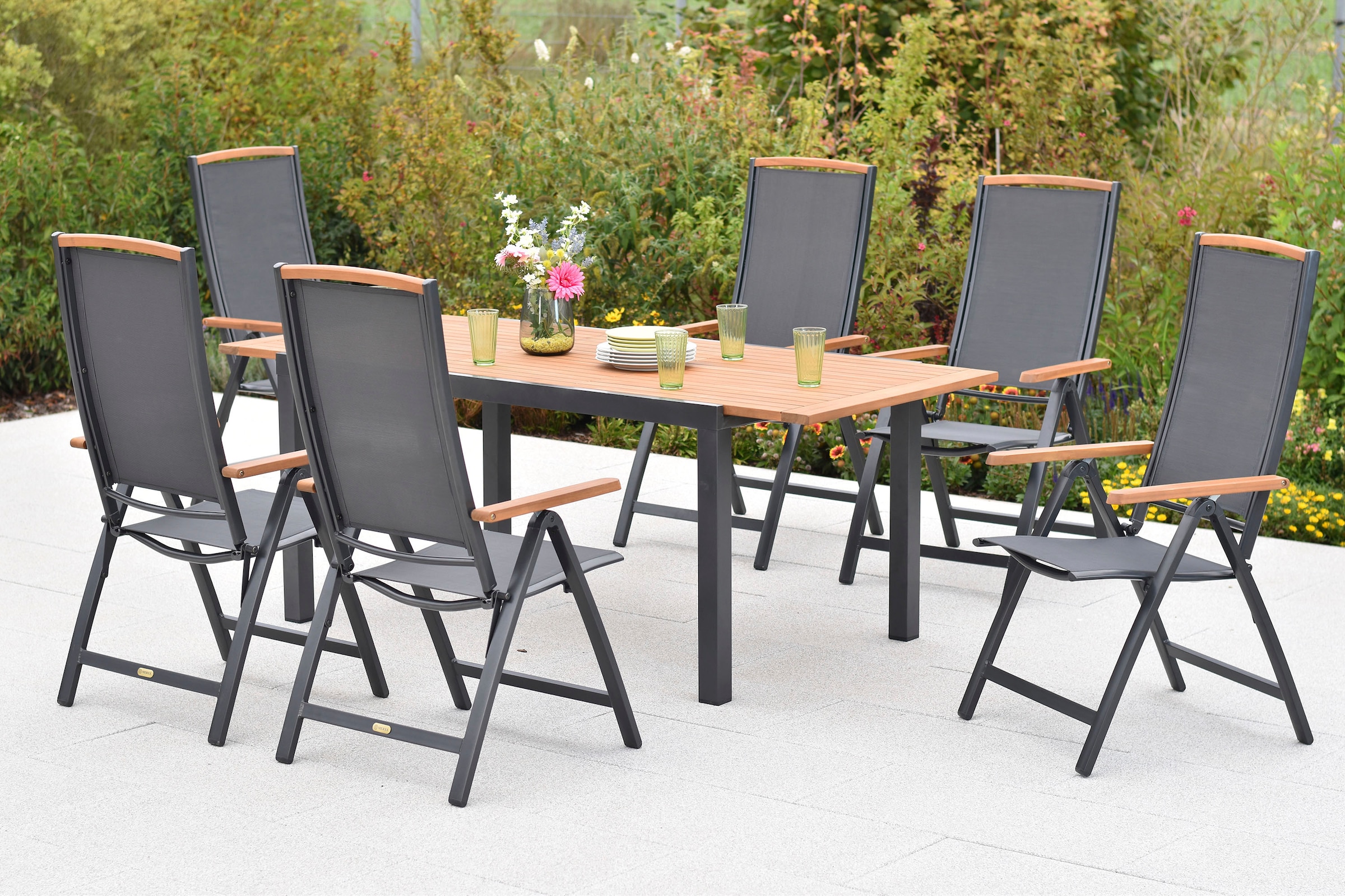 MERXX Garten-Essgruppe »Siena« Set, 7 tlg. inkl. 6 Klappsessel, 6 Auflagen, 1 Ausziehtisch