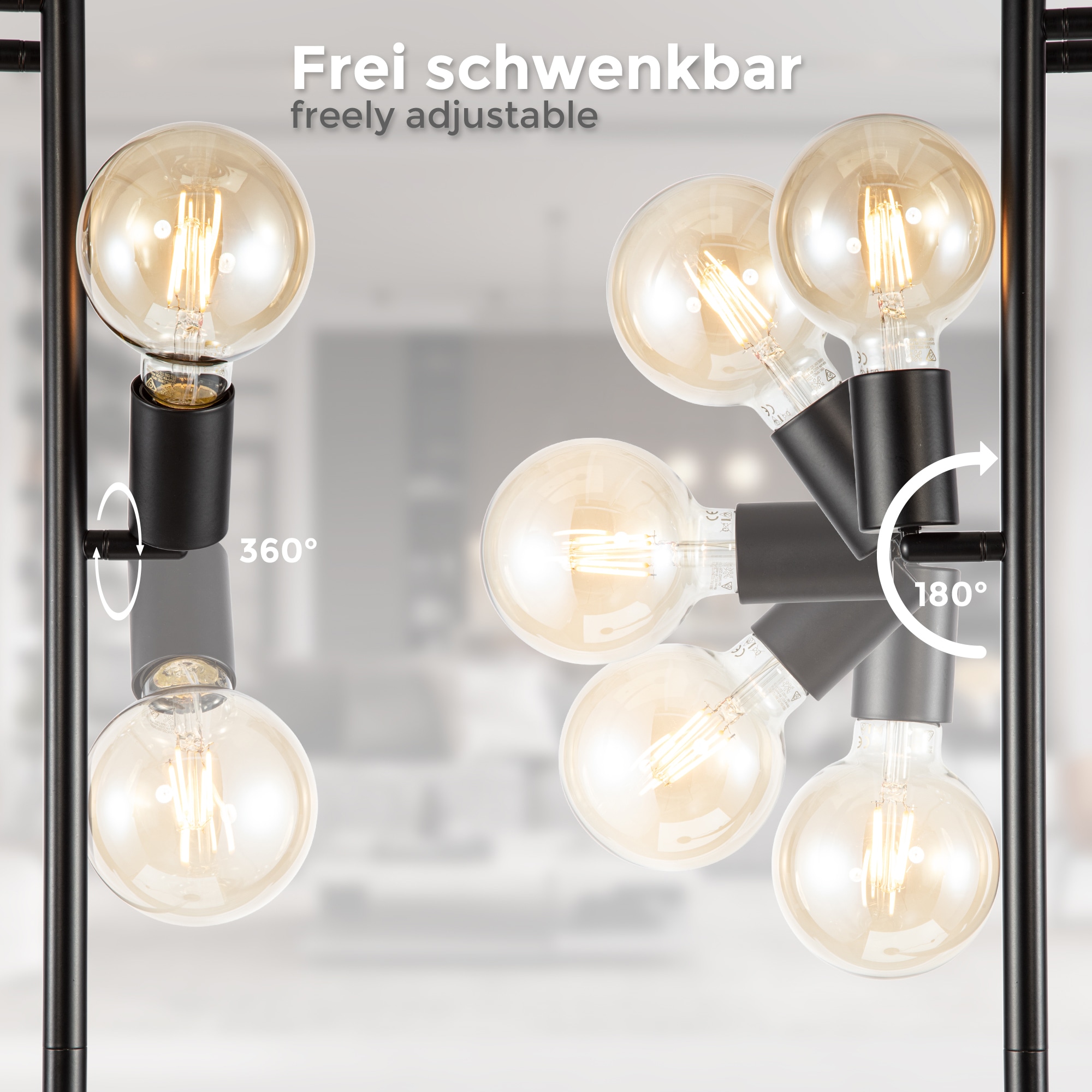 B.K.Licht Stehlampe, Metall, schwarz, für Leuchtmittel E27 Fassung, Ohne Leuchtmittel, Inkl. Kabelschalter