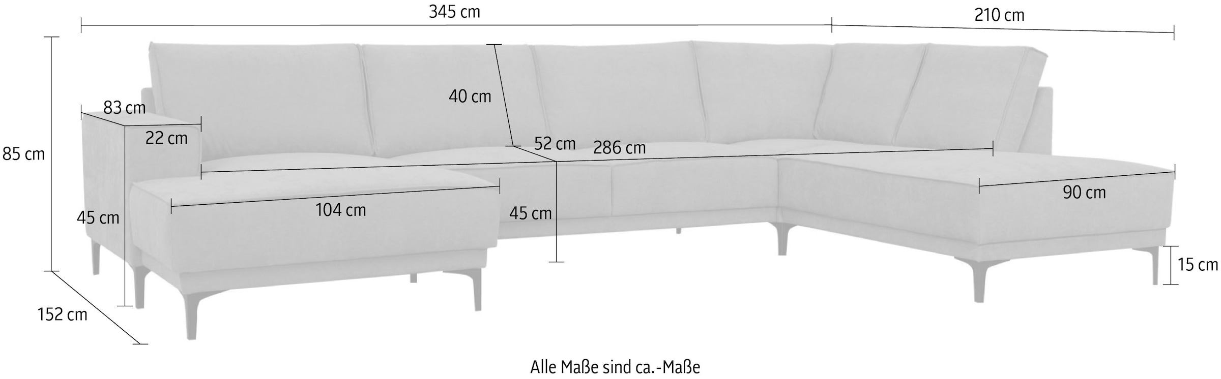 Places of Style Wohnlandschaft »XXL Sofa Oland, Struktur, Flachgewebe, Luxus-Microfaser, Boucle«, U-Form, 345 cm, Wellenunterfederung, Skandi-Design, Metallfüße