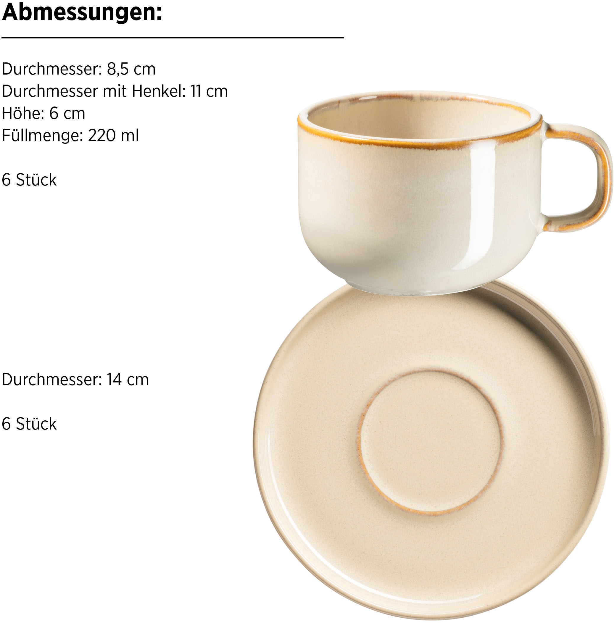 MÄSER Tasse »Kaffeetassen-Set Cordelia, aus Steinzeug«, (Set, 12 tlg.), 12er Set, bestehend aus 6 Tassen und 6 Untertassen