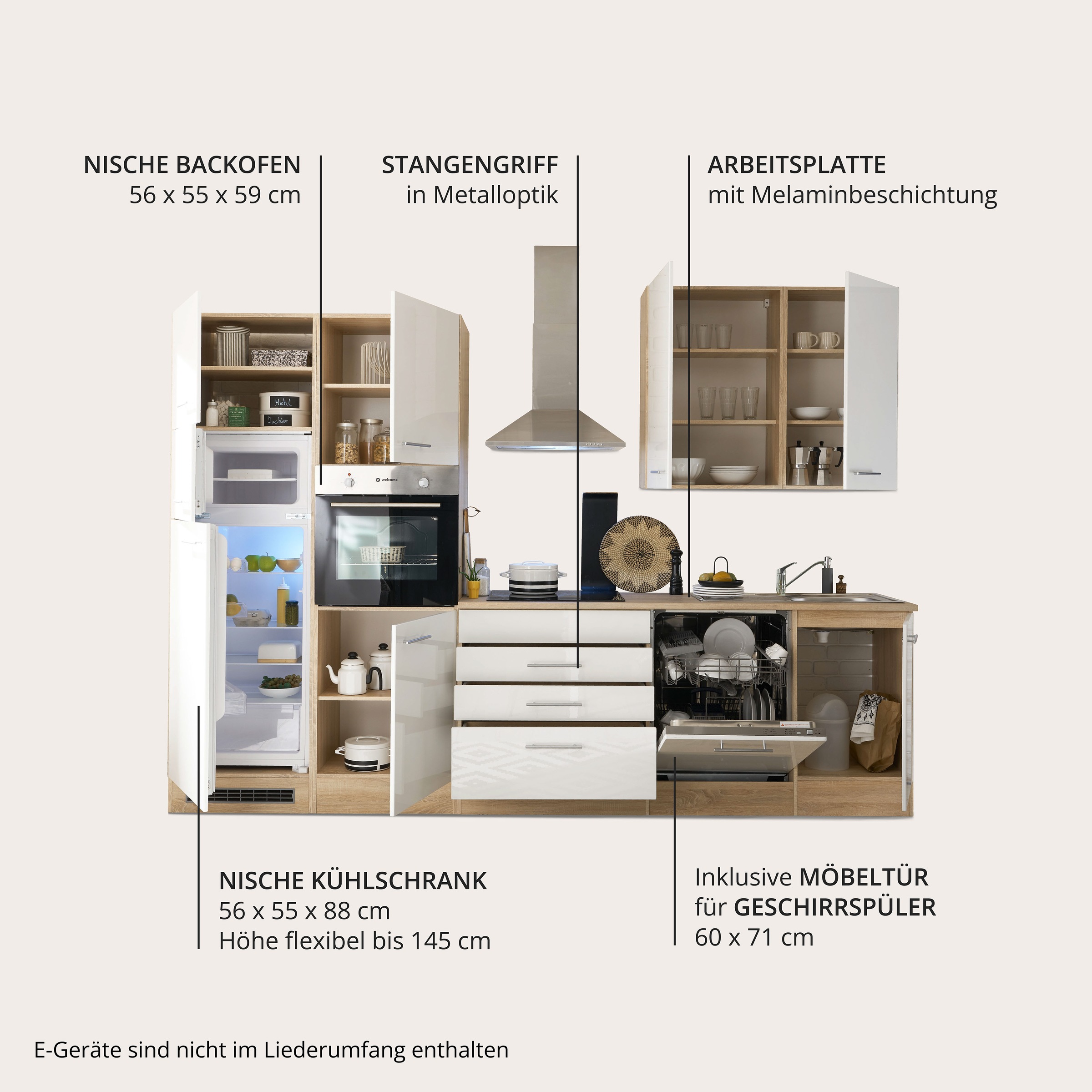 BASIC by Balculina Küche »Laurel«, Breite 310 cm, mit E-Geräten