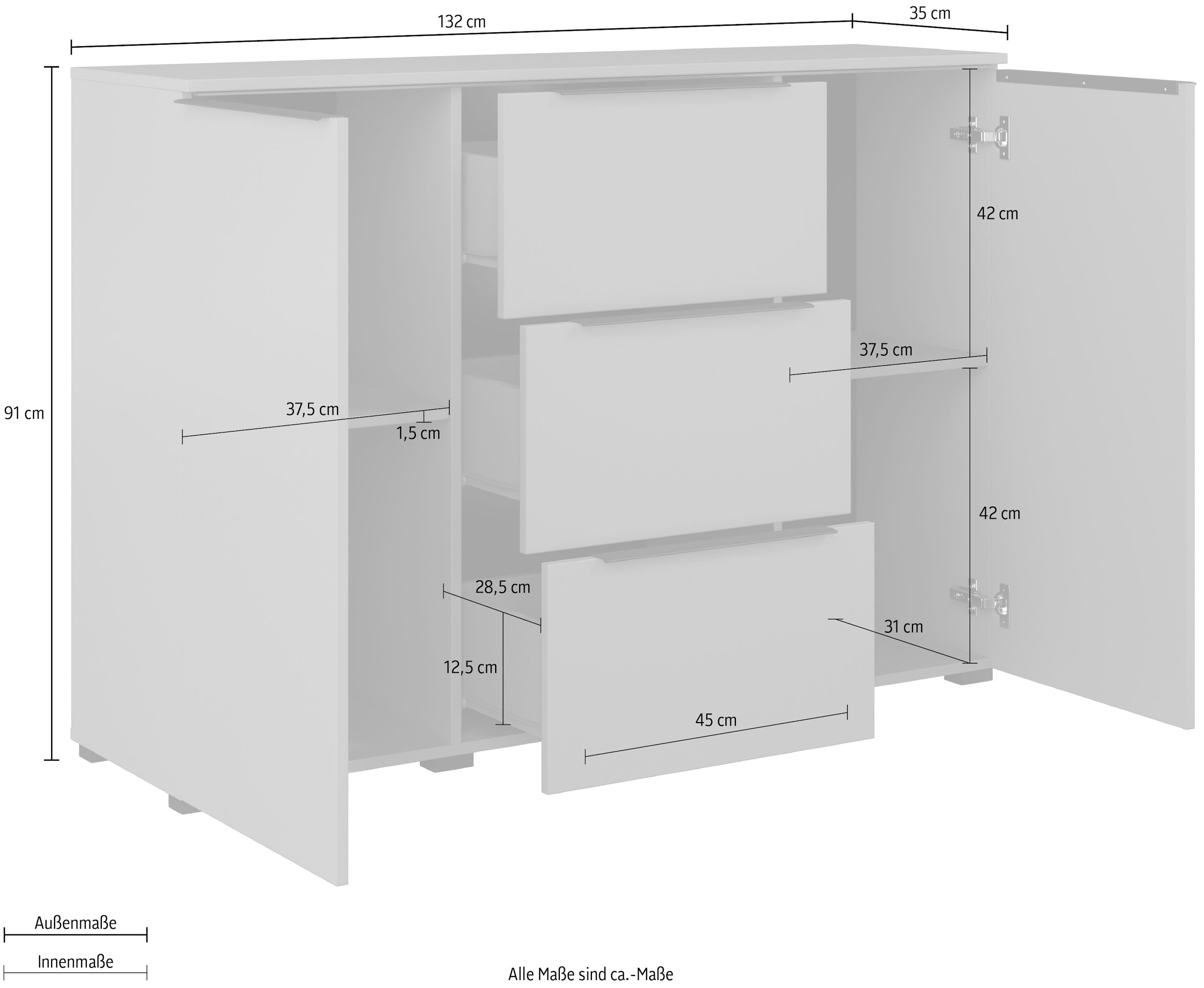 INOSIGN Sideboard »Tana, Breite 132 cm, moderne Kommode 3 SK,2 Trg«, Schubladenschrank,Anrichte mit viel Stauraum, Einlegeböden verstellbar