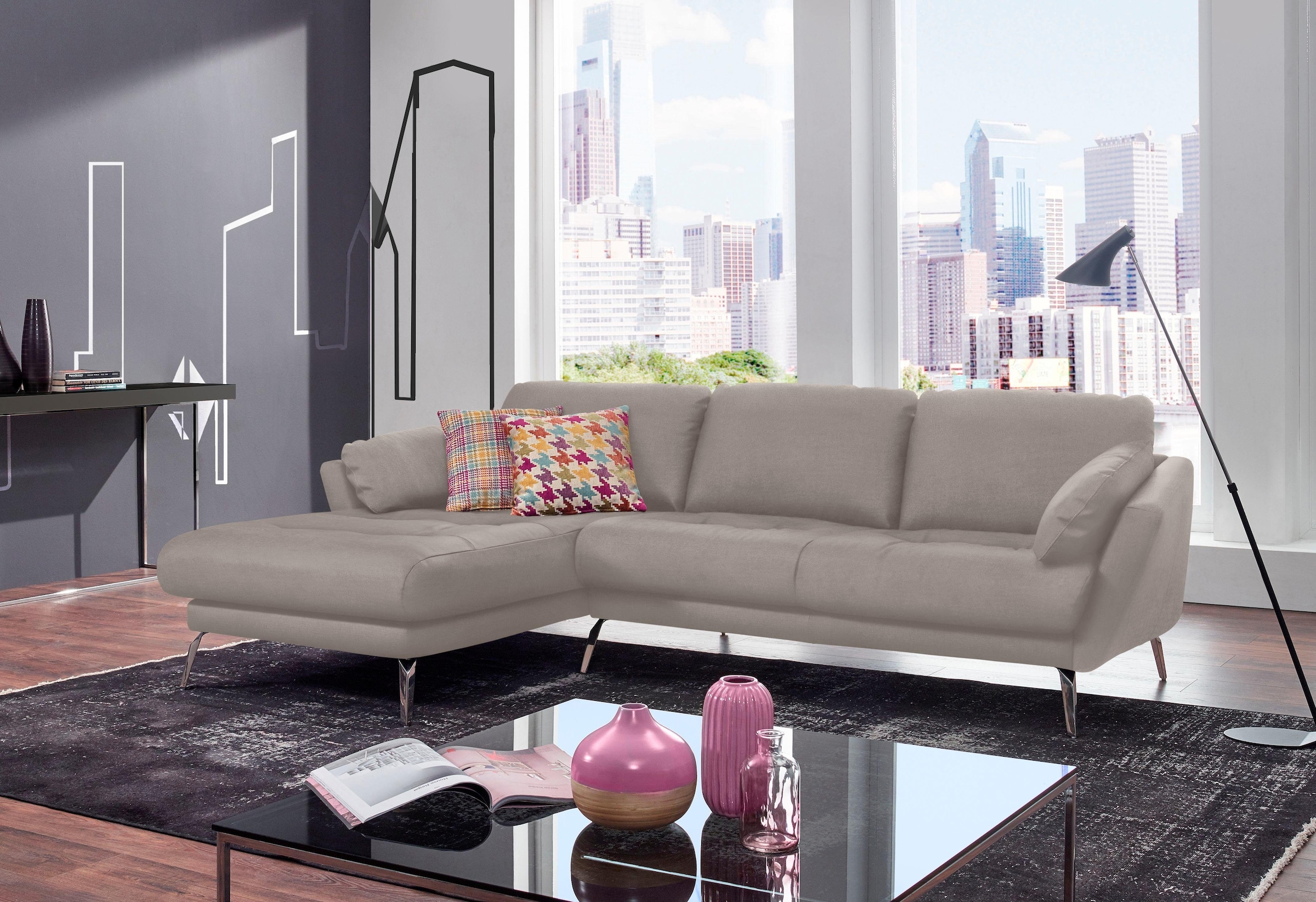 W.SCHILLIG Ecksofa »softy, Designsofa, zeitlos und elegant, hoher Sitzkomfort, L-Form«, mit dekorativer Heftung im Sitz, Füße Chrom glänzend