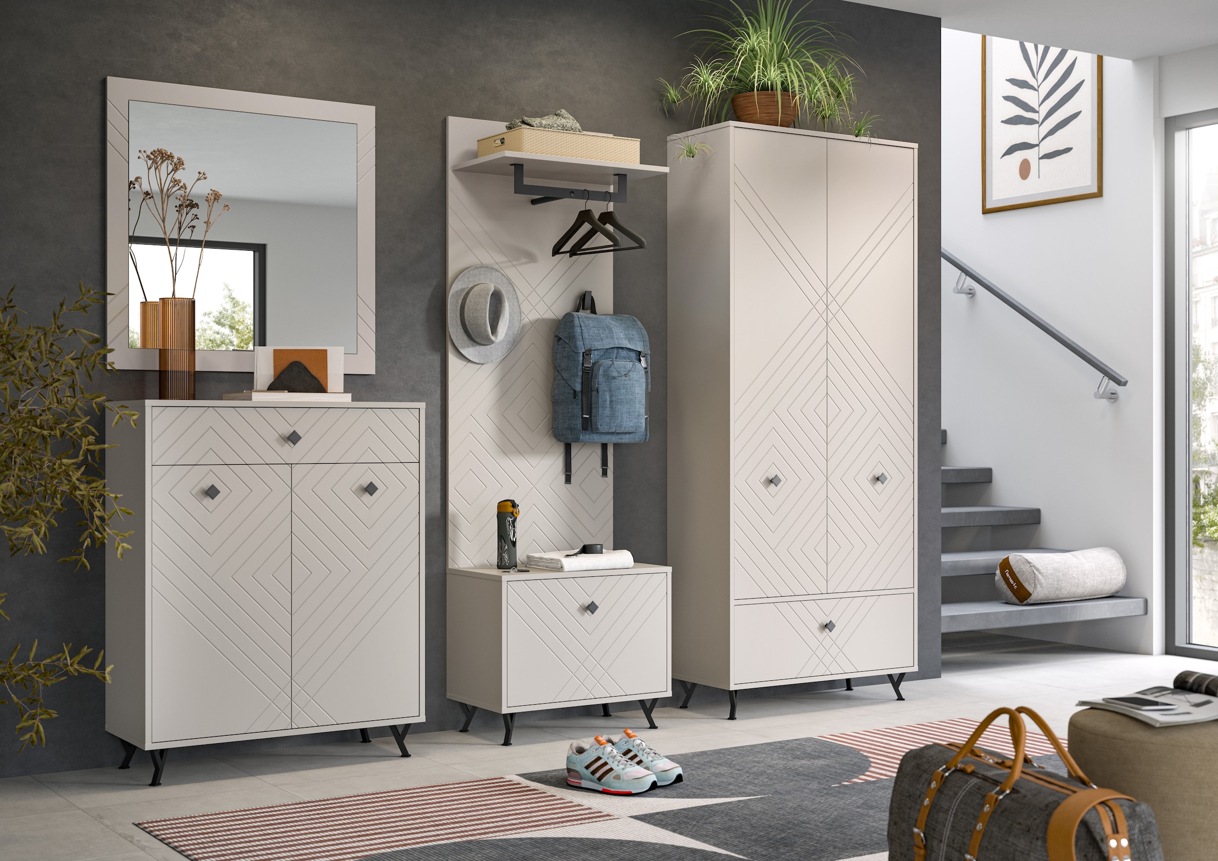 INOSIGN Garderobenpaneel »Mento, Höhe 140 cm, Paneelrückwand mit Ornamentfräsung«, (1 St.), 2 Haken & 1 Kleiderstange aus Metall, Paneel, Wandpaneel, Garderobe