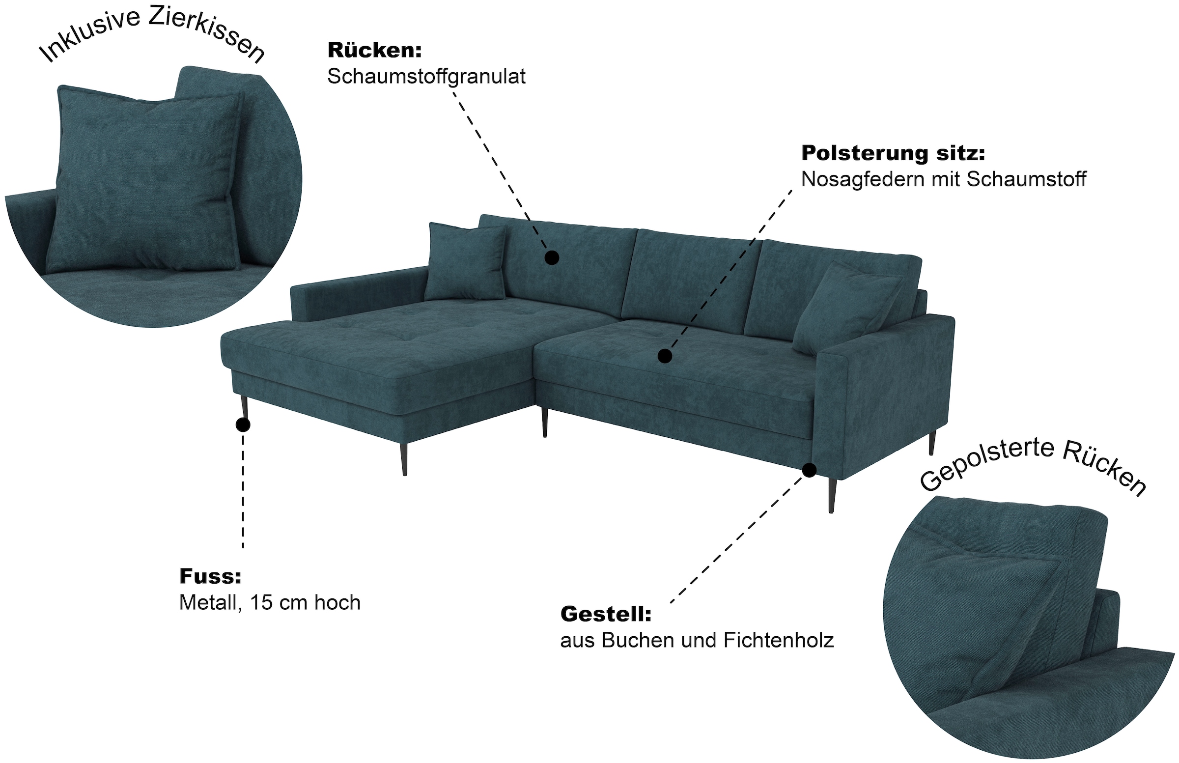 OTTO home Ecksofa »Summer L-Form, B: 280cm, in Cord & Struktur« wahlweise mit Kopfstützen, schwarze Metallfüße