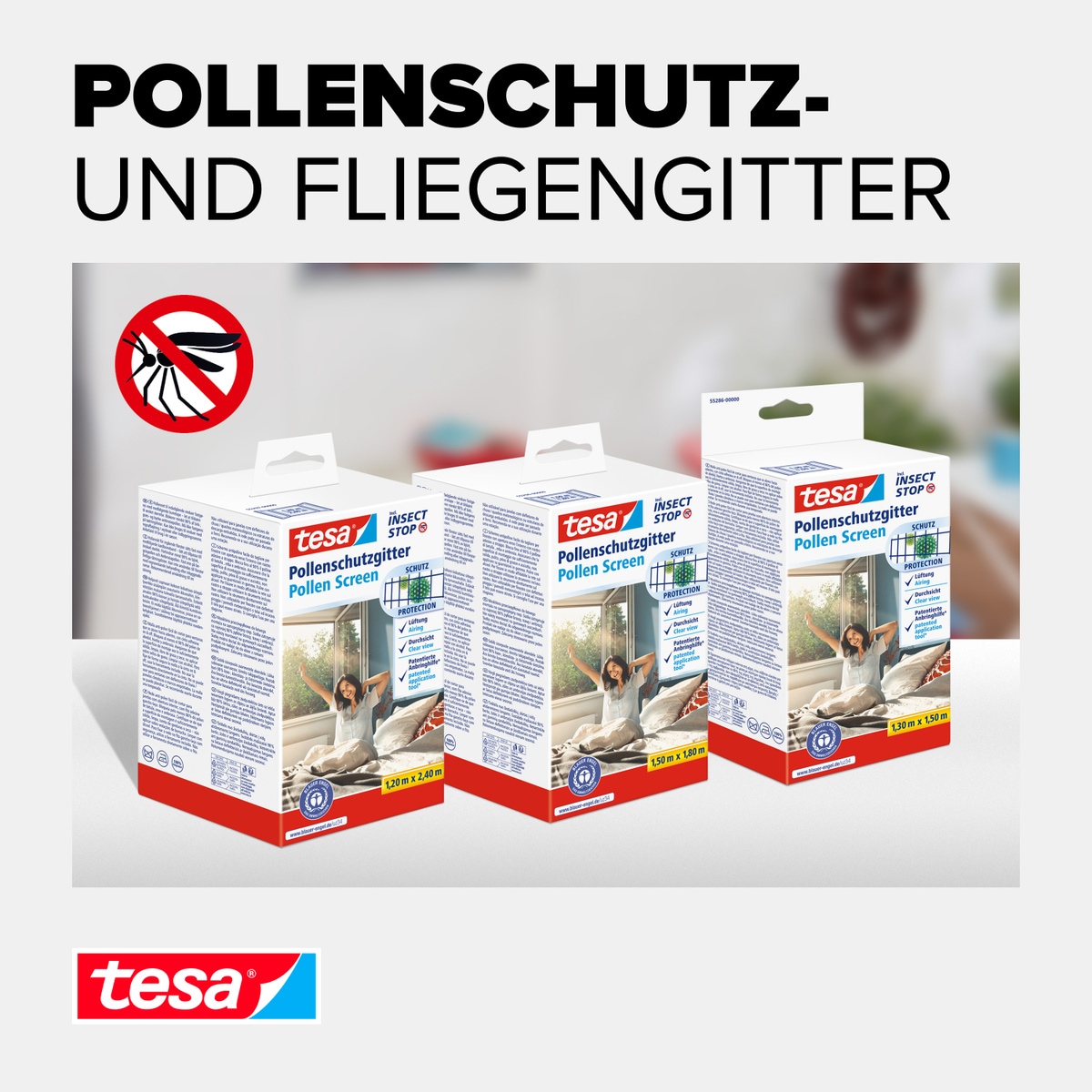 tesa Insektenschutz-Fensterrahmen »Pollenschutzgitter für Fenster - 1,2m x 2,4m« Packung, Fliegennetz, Klettband, 1 Stk. tlg. Pollenschutzgitter - ohne Bohren- zuschneidbar -anthrazit