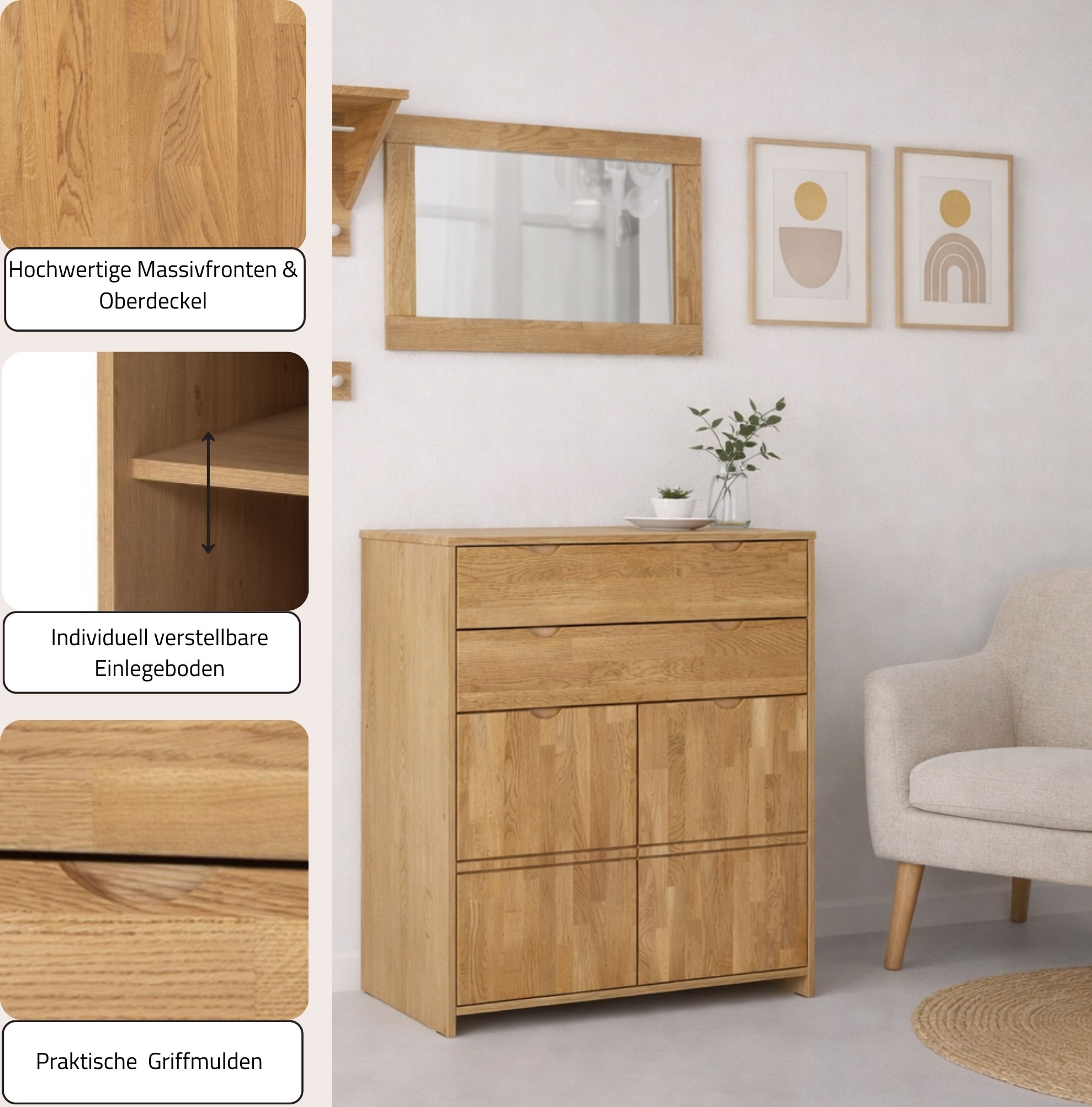 OTTO home Highboard »Maximus: 3 geräumige Fächer, 2 Softclose Schubladen,Hochwertig,Zeitlos« B/T/H: 96/38/107cm, Massivzholz Fronten&Oberdeckel, Korpus aus Melamin