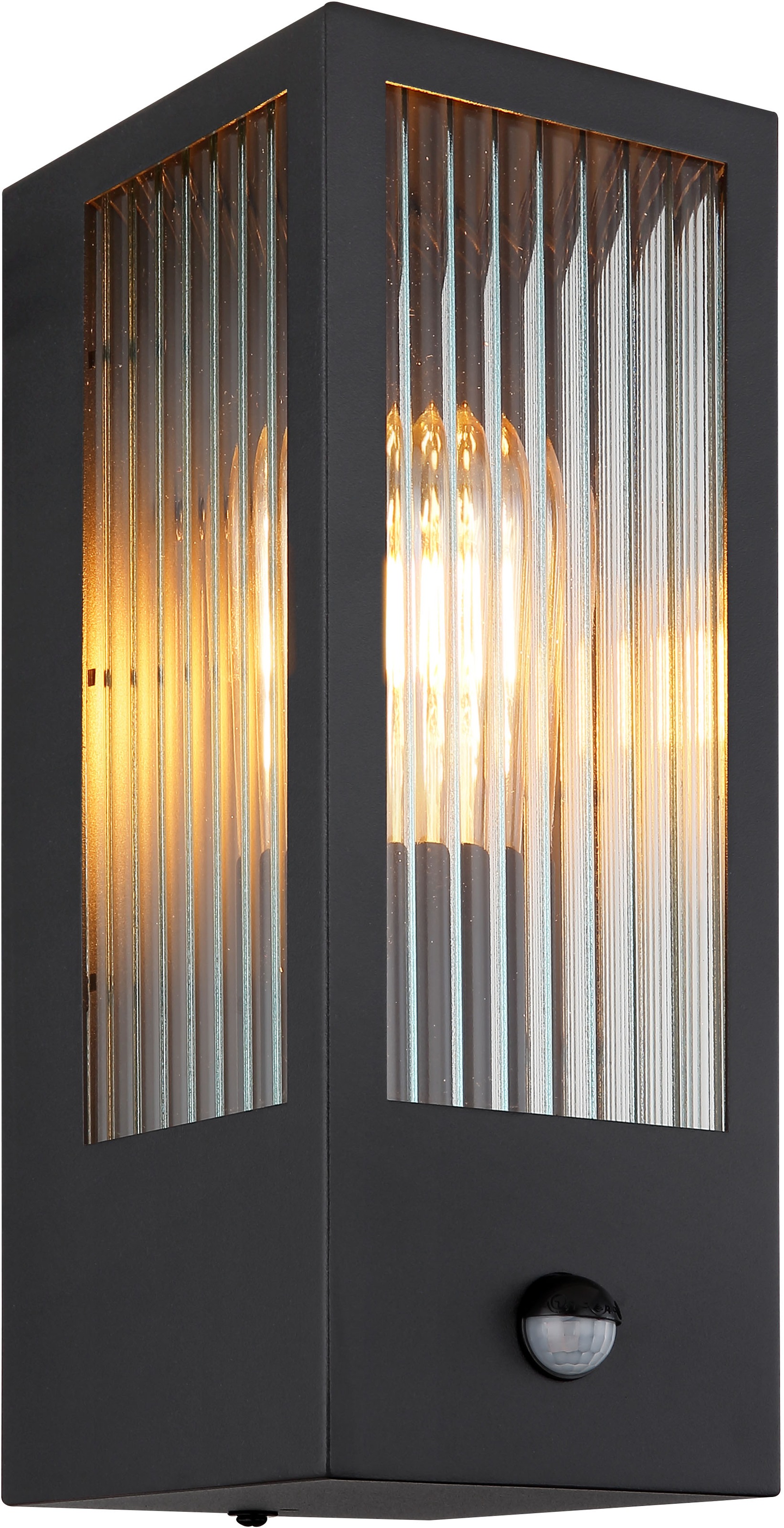 GLOBO LIGHTING Außen-Wandleuchte »GUNDULA« E27 1 Stk. Außenlampe/schwarz/IP44/Terrasse/Wand/Sensor/Glas gerillt