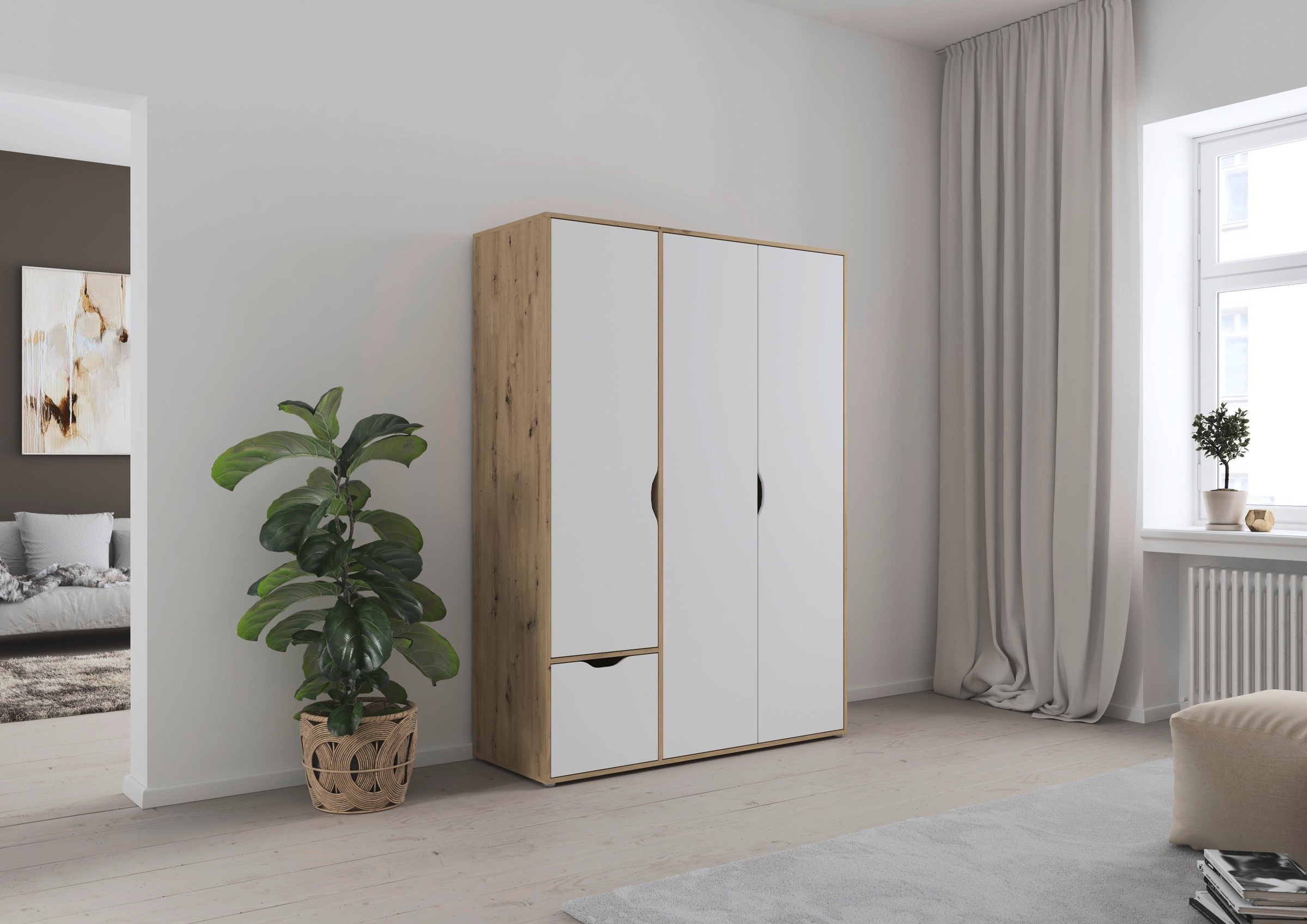 rauch Drehtürenschrank »Kleiderschrank Schrank Garderobe Wäscheschrank NARAI mit Schubladen«, (in 3 verschiedenen Ausstattungen BASIC/CLASSIC/PREMIUM), Griffausfräsungen für eine grifflose Optik TOPSELLER MADE IN GERMANY