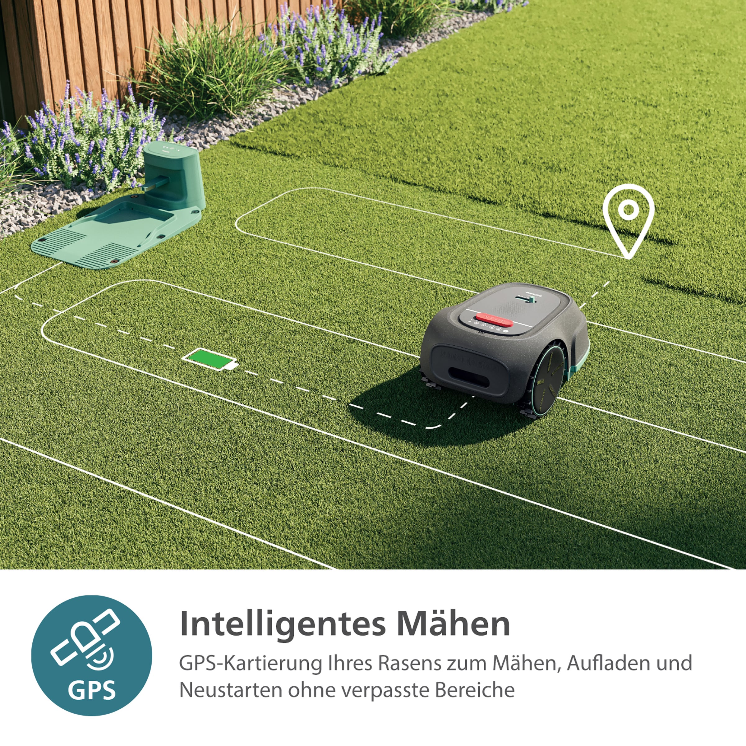 Philips Rasenmähroboter »3000 Series RSL3000/10, intelligentes Mähen mit GPS-Kartierung«, HomeRun-App und Regensensor-Technologie, leicht zu reinigen