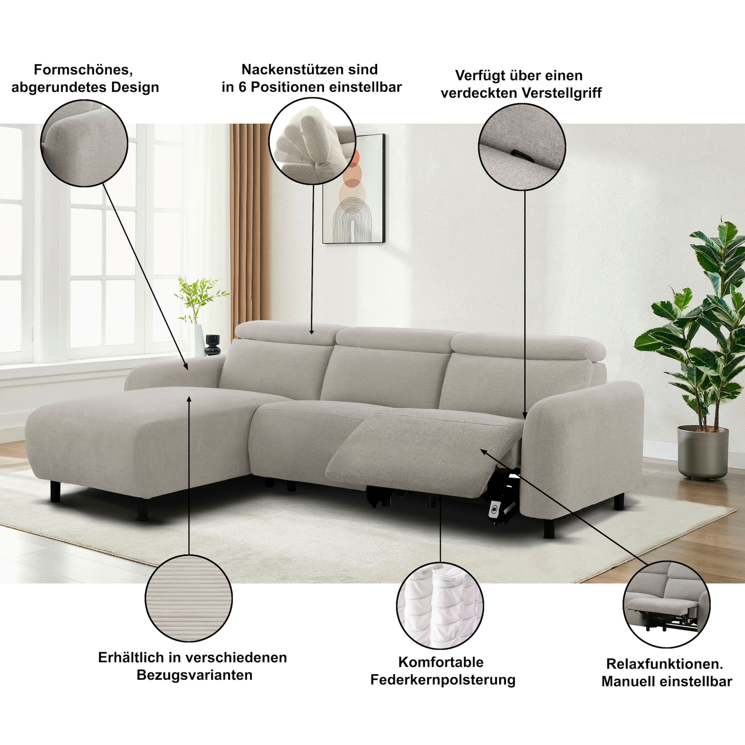 Home affaire Ecksofa »SKAANE in Cord, L-Form, 274 cm, manuelle u. elektrische Relaxfunktion,« rundes Design, Kopfteilverstellung, Federkernpolsterung