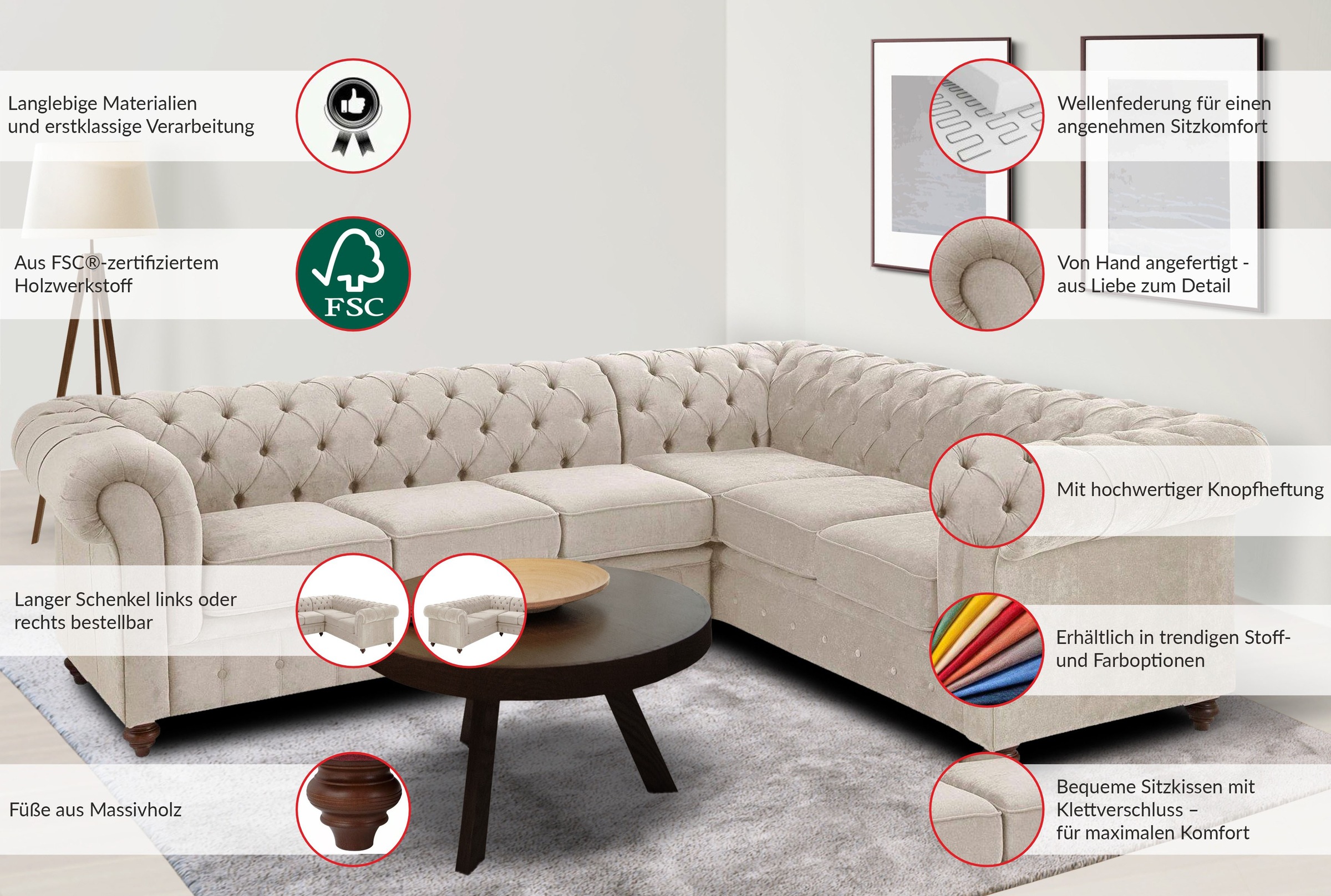 Home affaire Chesterfield-Sofa »Chesterfield Ecksofa, auch in Leder L-Form« günstig online kaufen