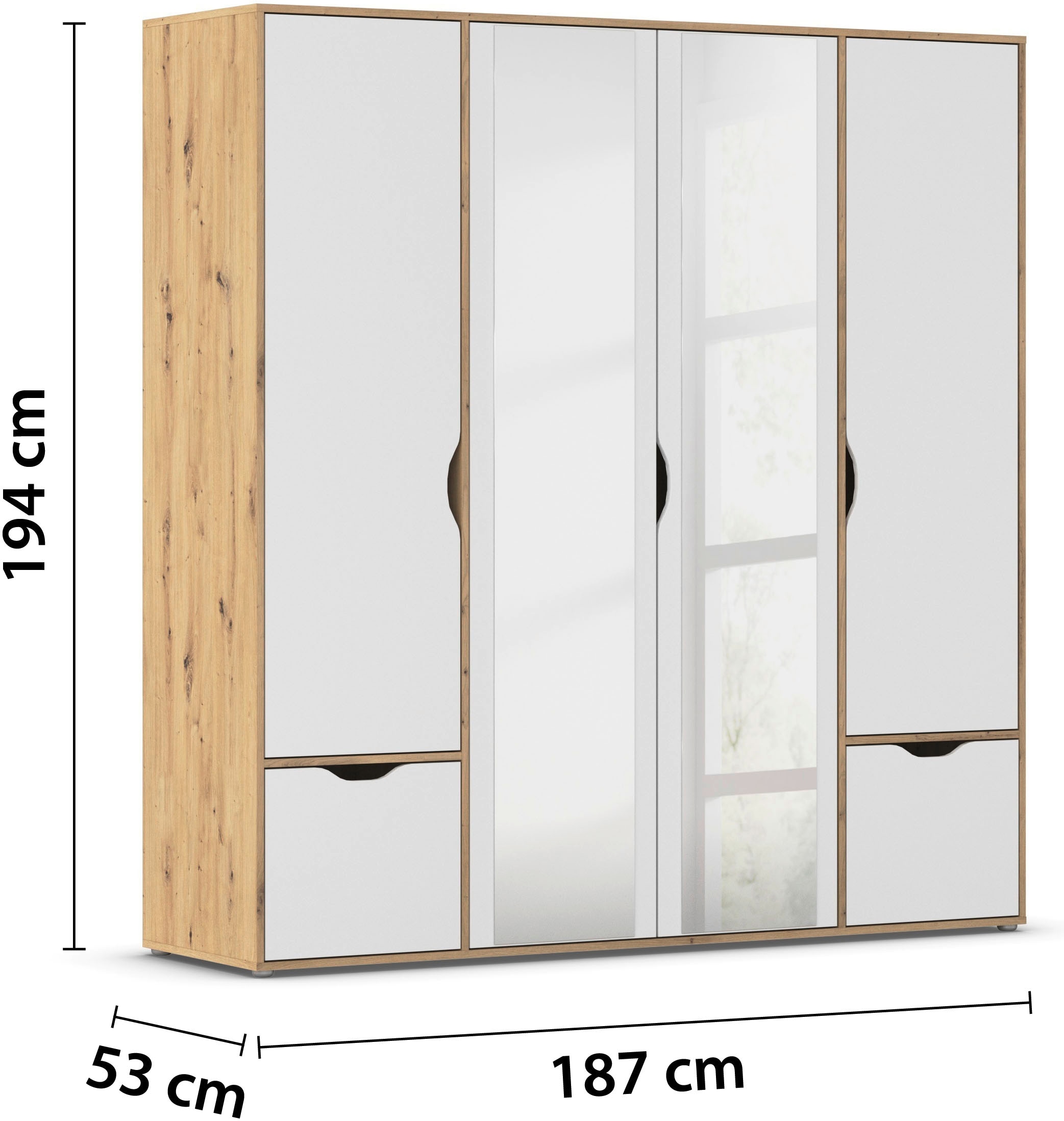 rauch Drehtürenschrank »Kleiderschrank Schrank Garderobe Wäscheschrank NARAI mit Schubladen«, (in 3 verschiedenen Ausstattungen BASIC/CLASSIC/PREMIUM), Griffausfräsungen für eine grifflose Optik TOPSELLER MADE IN GERMANY