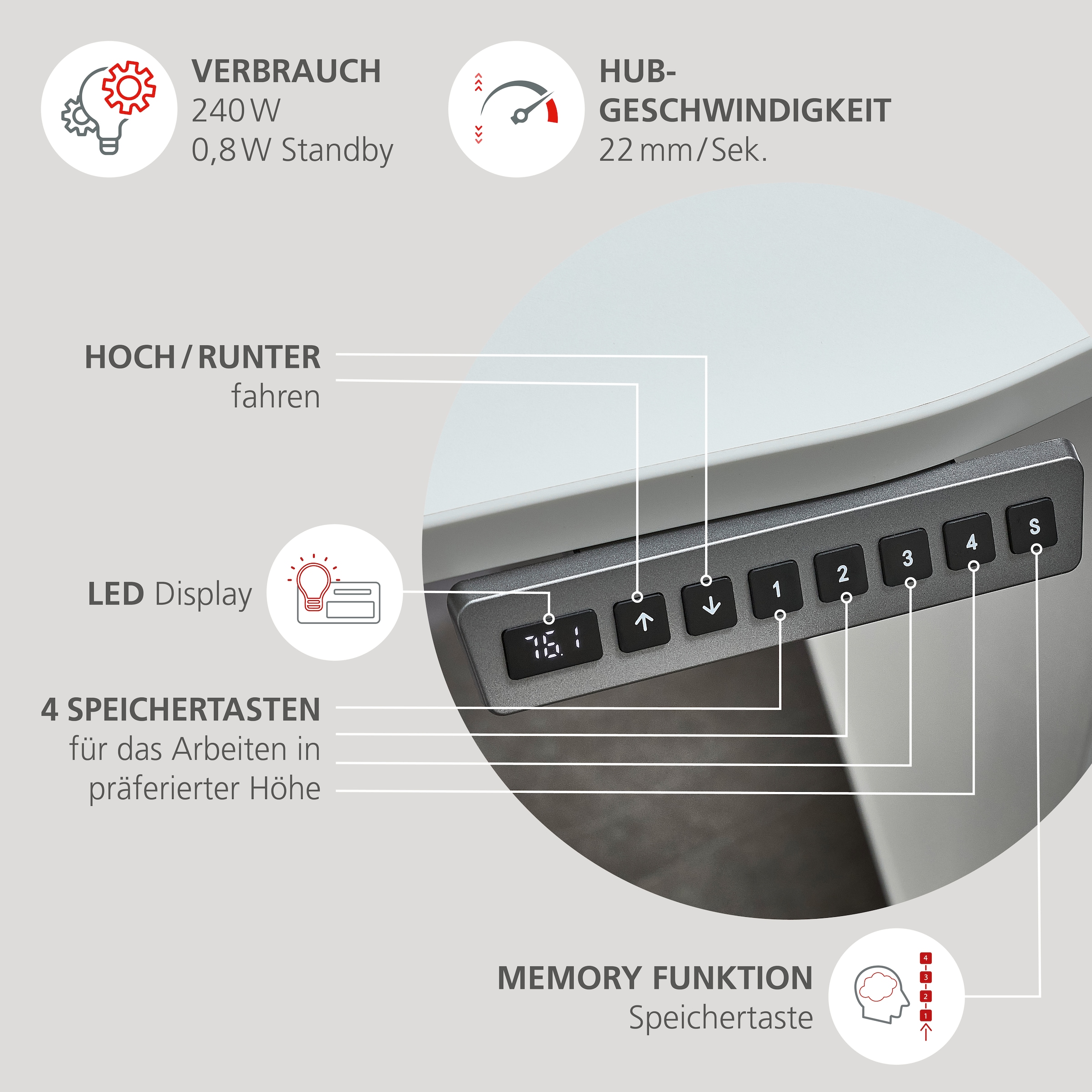 Innostyle Schreibtisch »Schreibtisch Santorin, 160/72/77 cm ( B/H/T)« 1 Stk. tlg. mit Motor zur Höhenverstellung (72-120 cm) mit Memory-Funktion