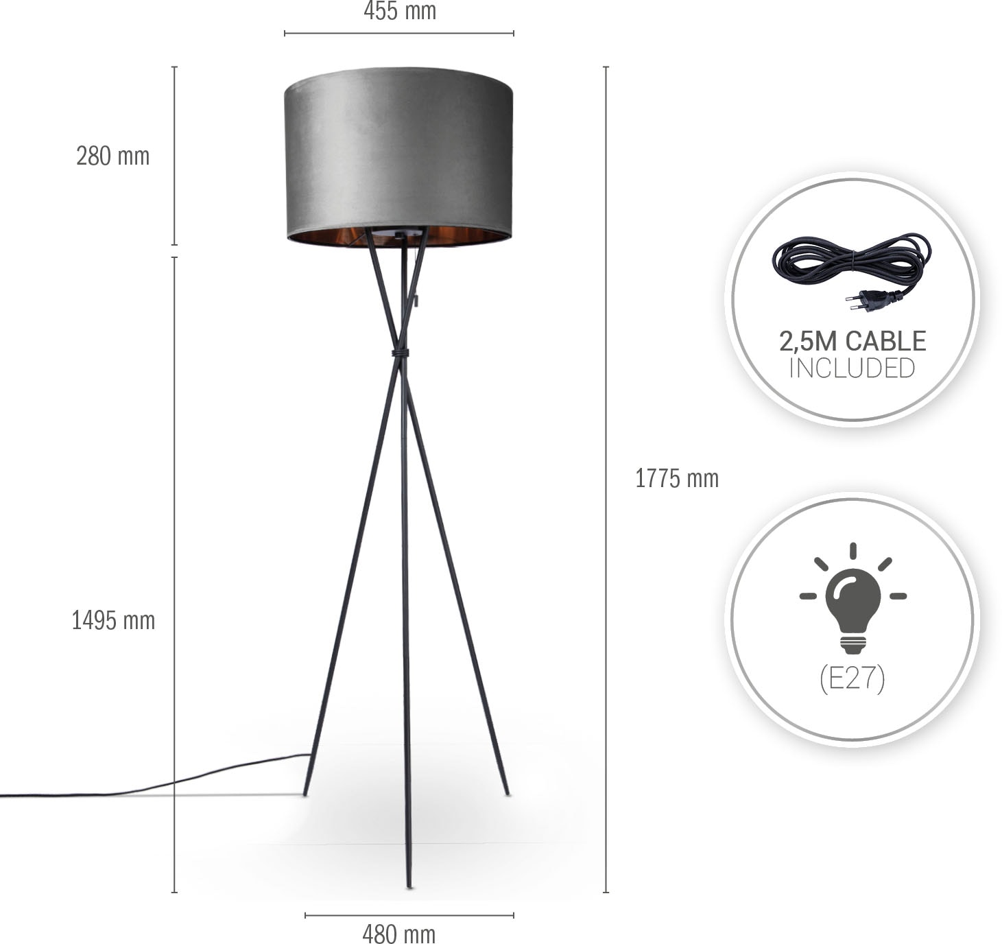 Paco Home Stehlampe »Kate uni Color«, Leuchtmittel E27 | ohne Leuchtmittel, Wohnzimmer Dreibein Standleuchte Velour Höhe 177,5cm Filigran E27
