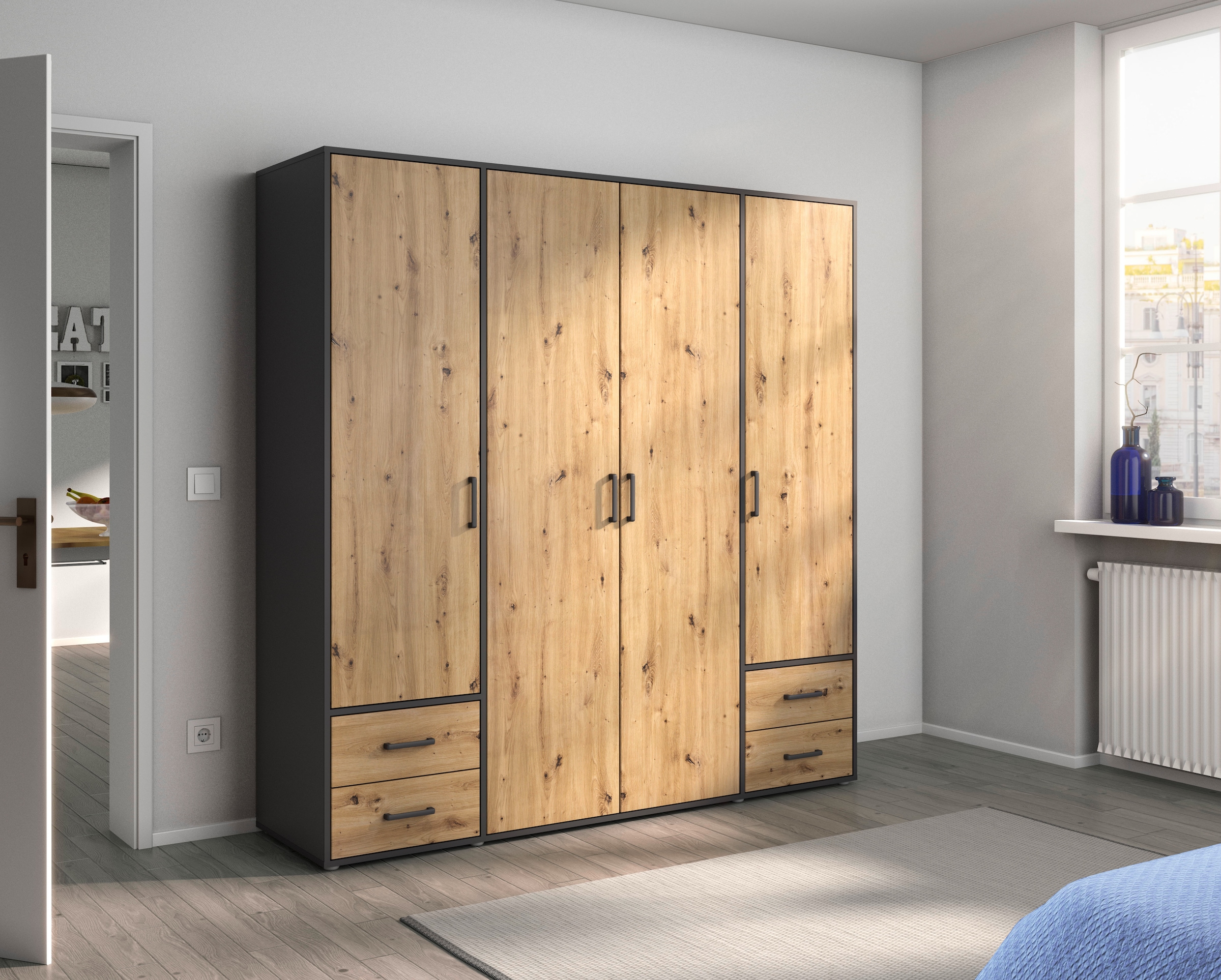 rauch Drehtürenschrank »Voyager, Kleiderschrank mit Außenschubkästen, Garderobe«, (in 3 verschiedenen Ausstattungen BASIC/CLASSIC/PREMIUM), Made in Germany
