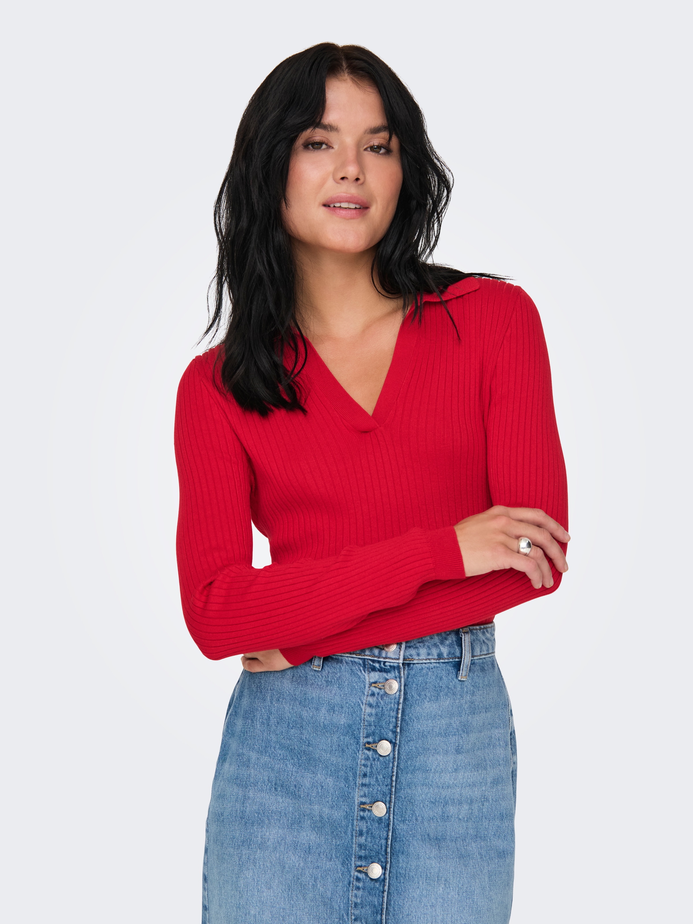 Strickpullover ONLKAYA LS POLO PULLOVER EX KNT, Gr. XL (42), Racing Red