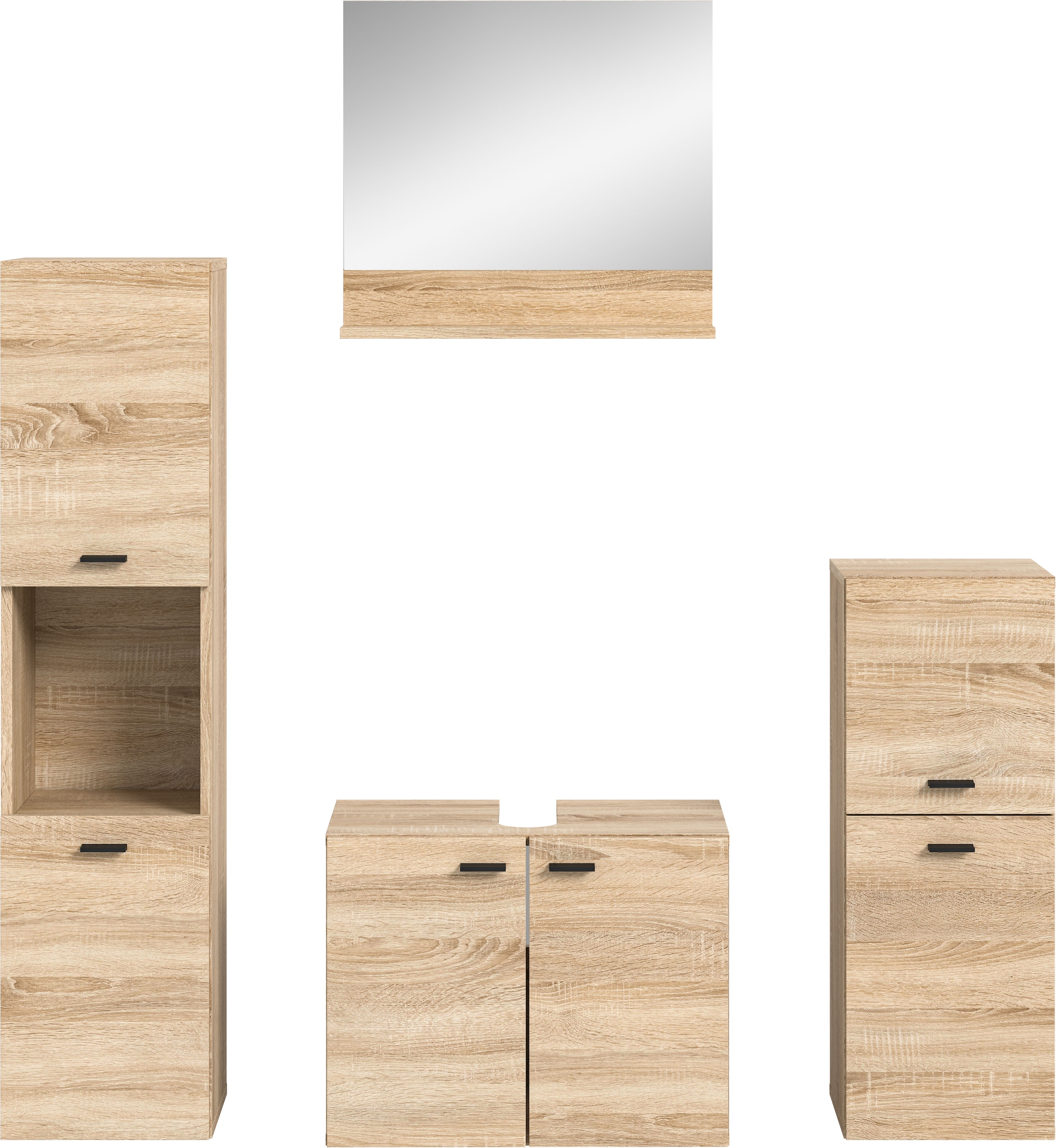 welltime Badmöbel-Set »Tampa, Breite 137cm, 4-teilig«, (4 St.), Waschbeckenunterschrank, Spiegel, Hochschrank, Midischrank