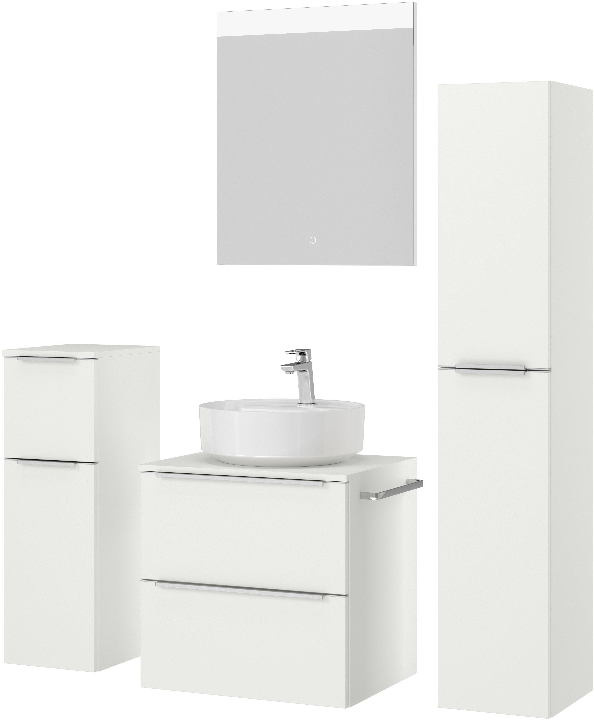 nobilia® Badmöbel-Set »Alvene«, (4 St., vormontiert, mit Soft-Close), inkl. Spiegel mit Touch-Sensor, in vier Breiten